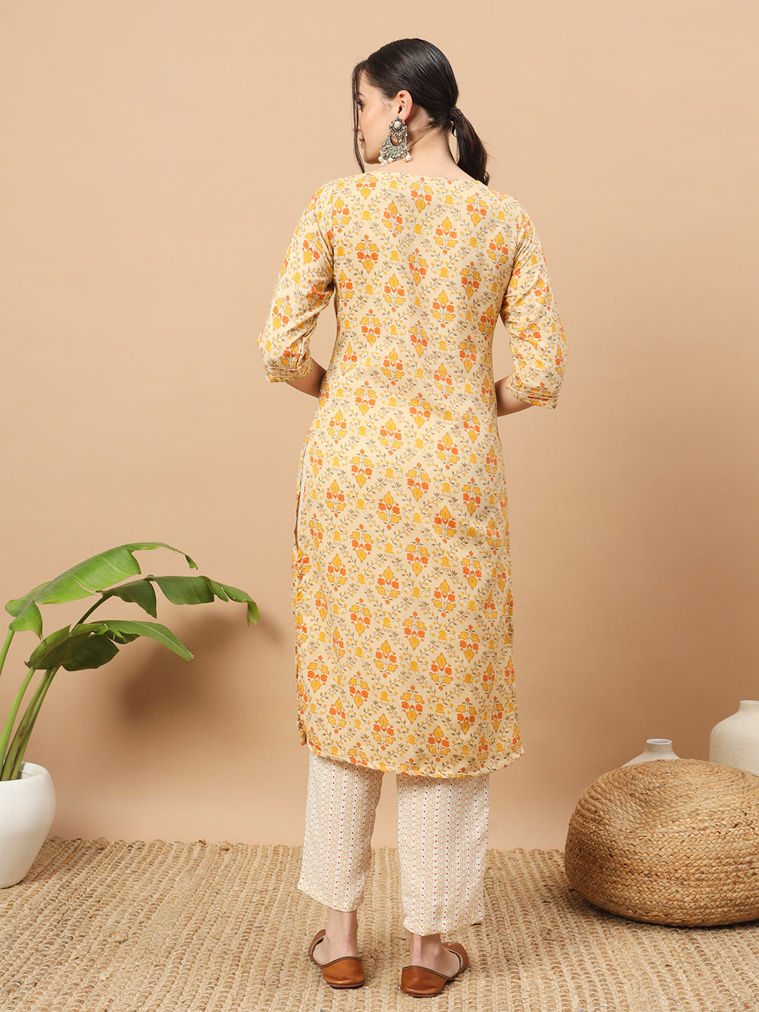 Women's Floral Print Rayon Kurti, 3/4 Sleeve, Yellow and pink