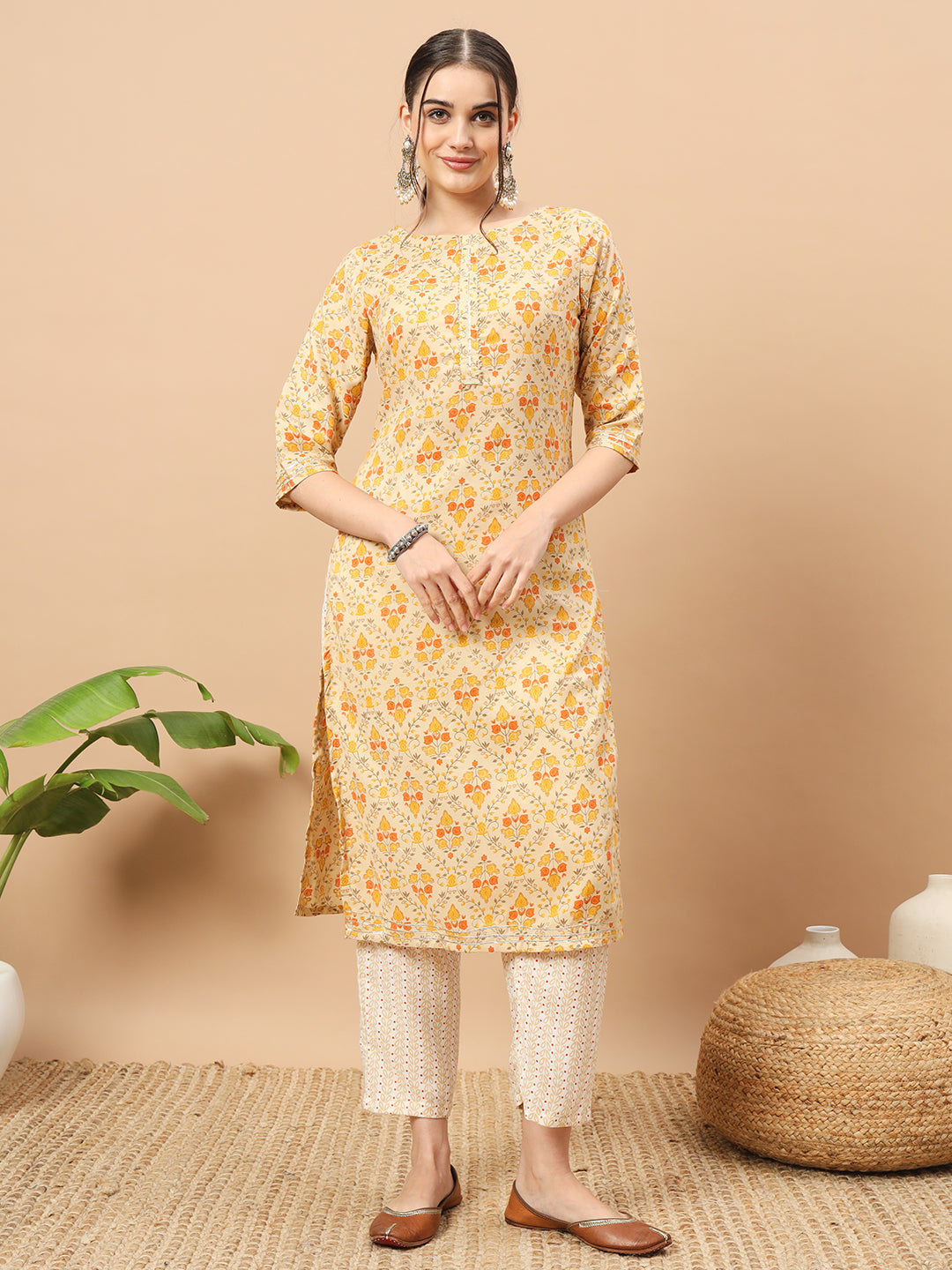 Women's Floral Print Rayon Kurti, 3/4 Sleeve, Yellow and pink