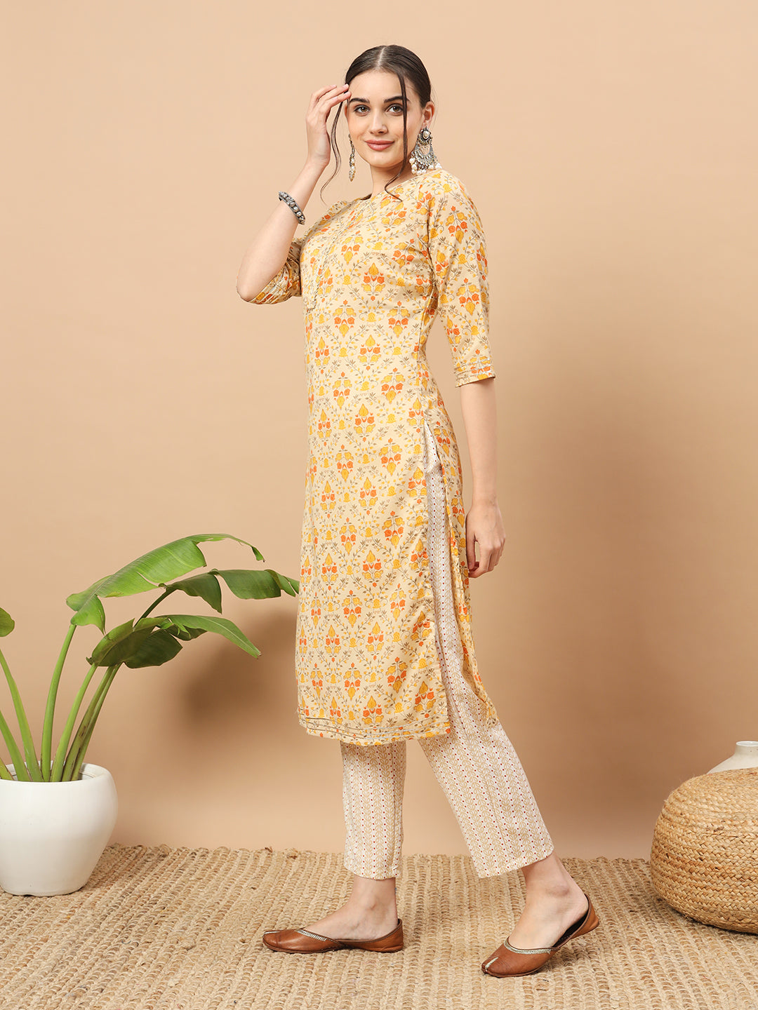 Women's Floral Print Rayon Kurti, 3/4 Sleeve, Yellow and pink