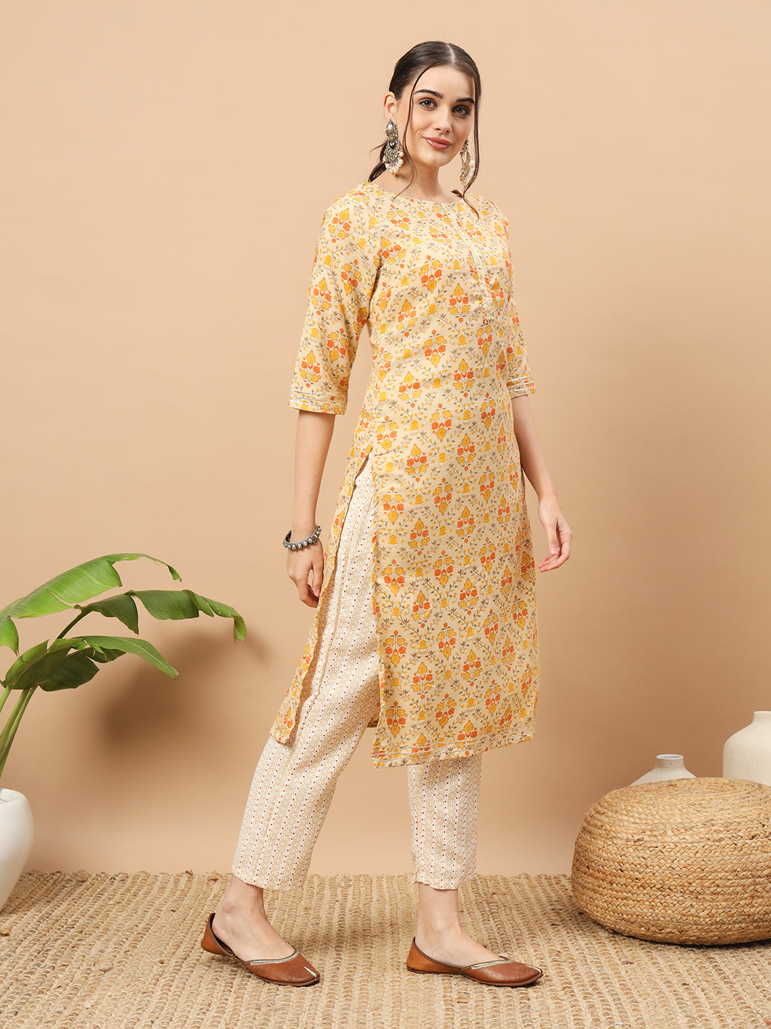 Women's Floral Print Rayon Kurti, 3/4 Sleeve, Yellow and pink