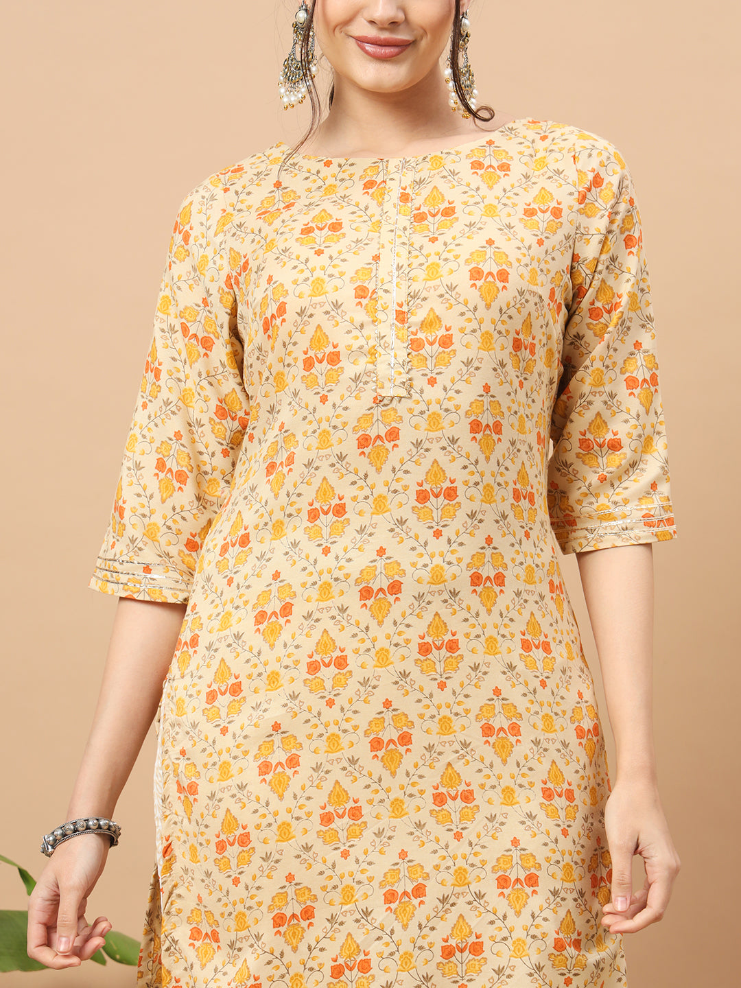 Women's Floral Print Rayon Kurti, 3/4 Sleeve, Yellow and pink