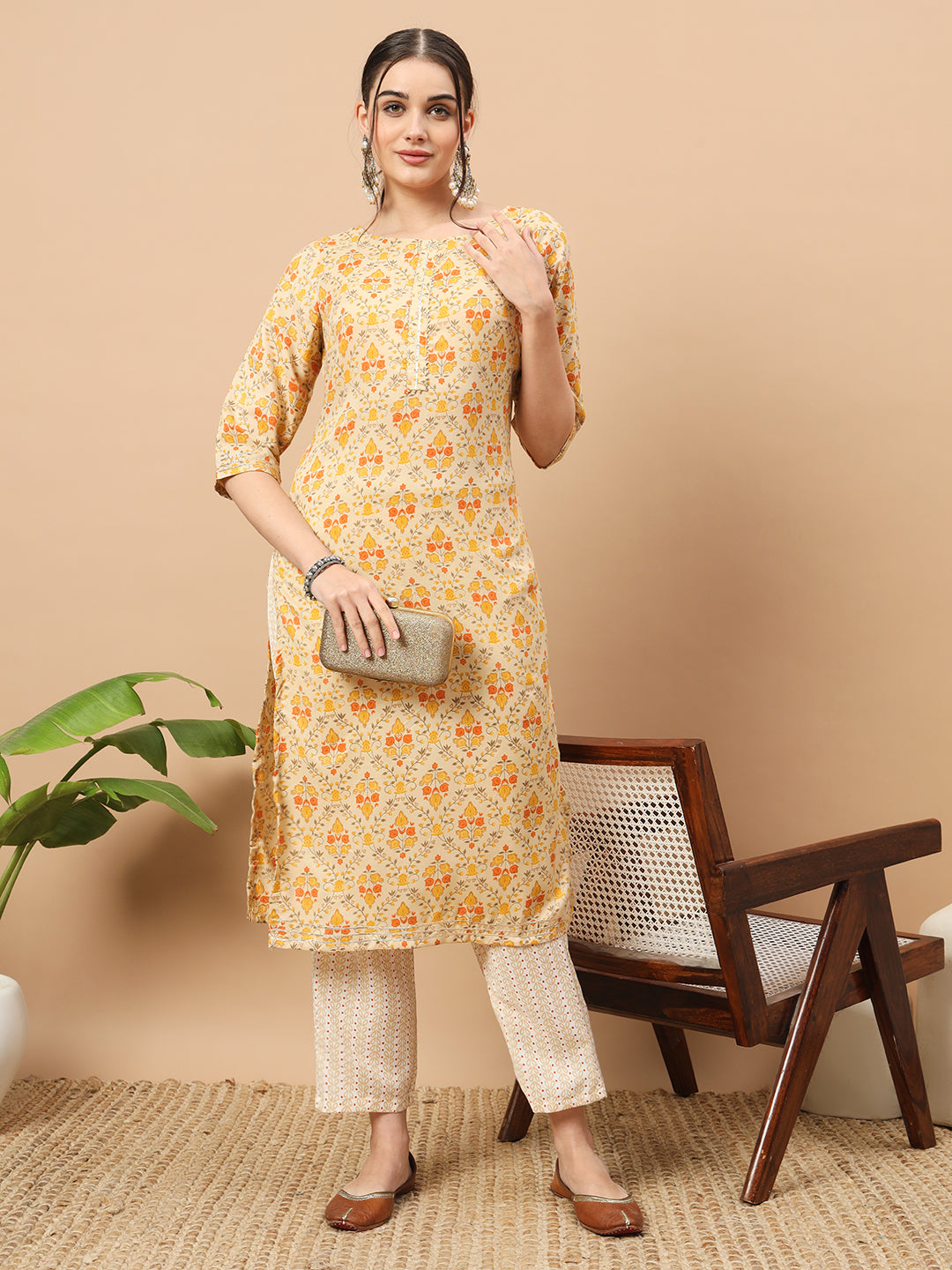 Women's Floral Print Rayon Kurti, 3/4 Sleeve, Yellow and pink