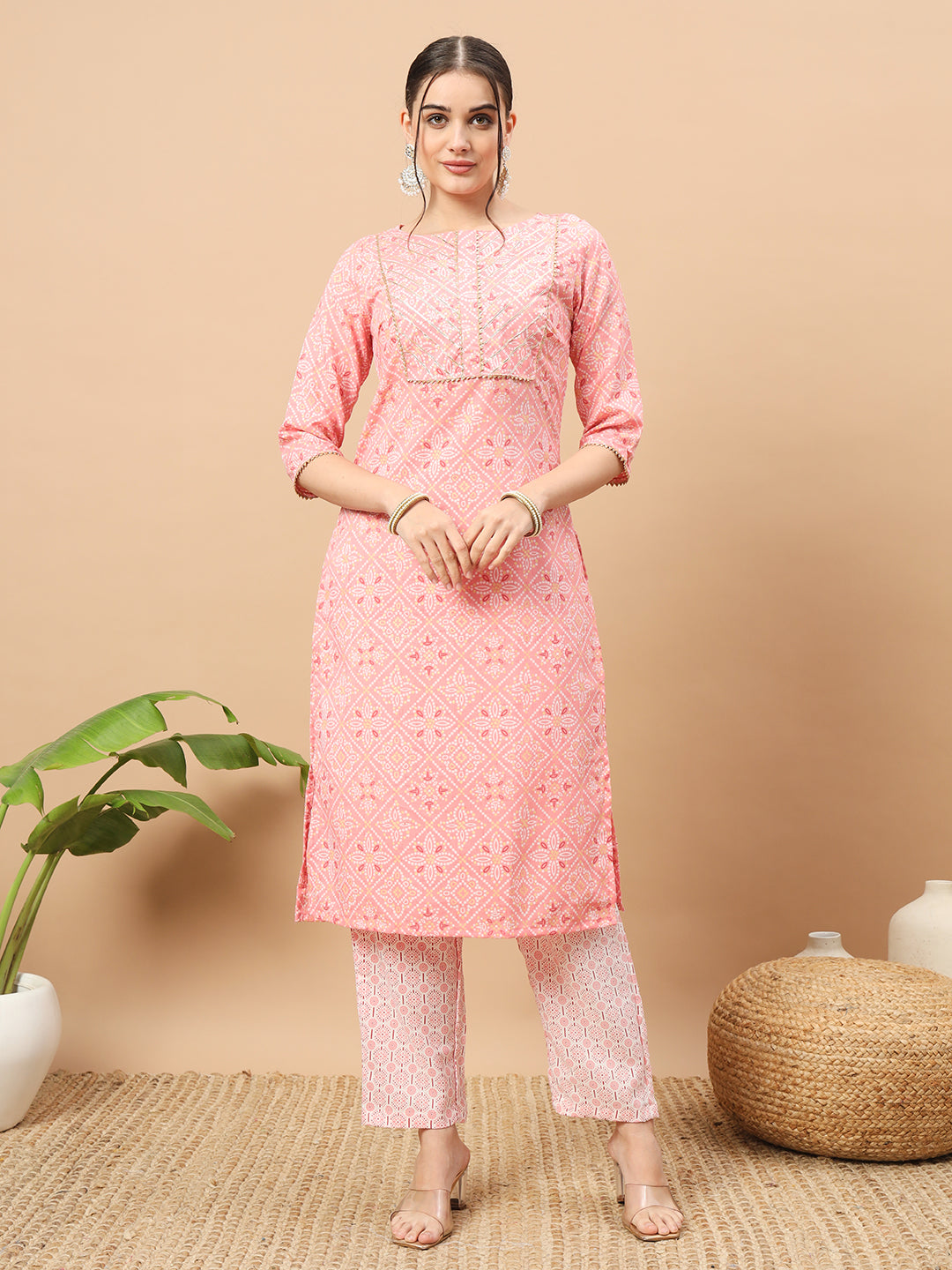 Women's Floral Print Rayon Kurti, 3/4 Sleeve, Yellow and pink