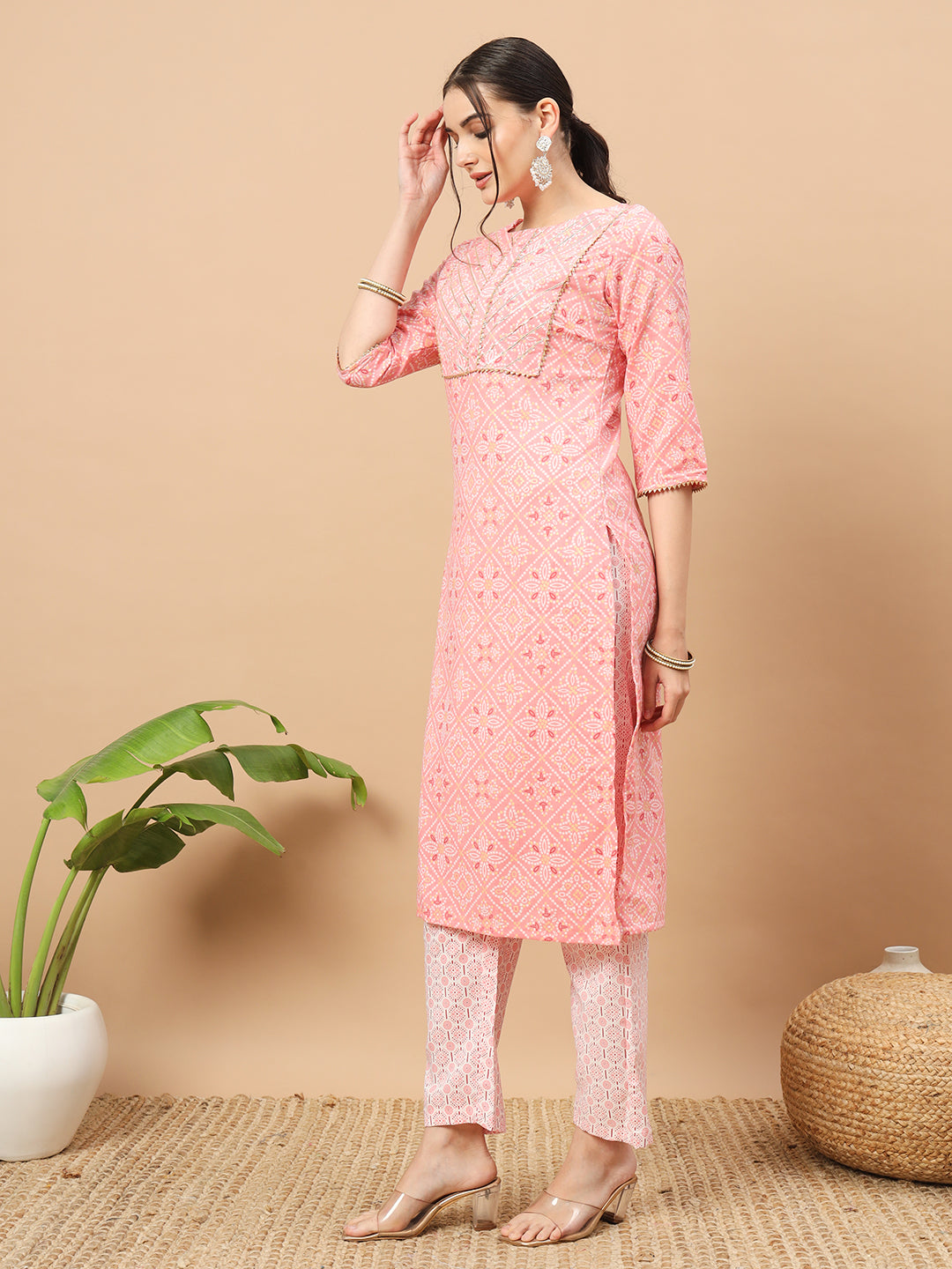 Women's Floral Print Rayon Kurti, 3/4 Sleeve, Yellow and pink