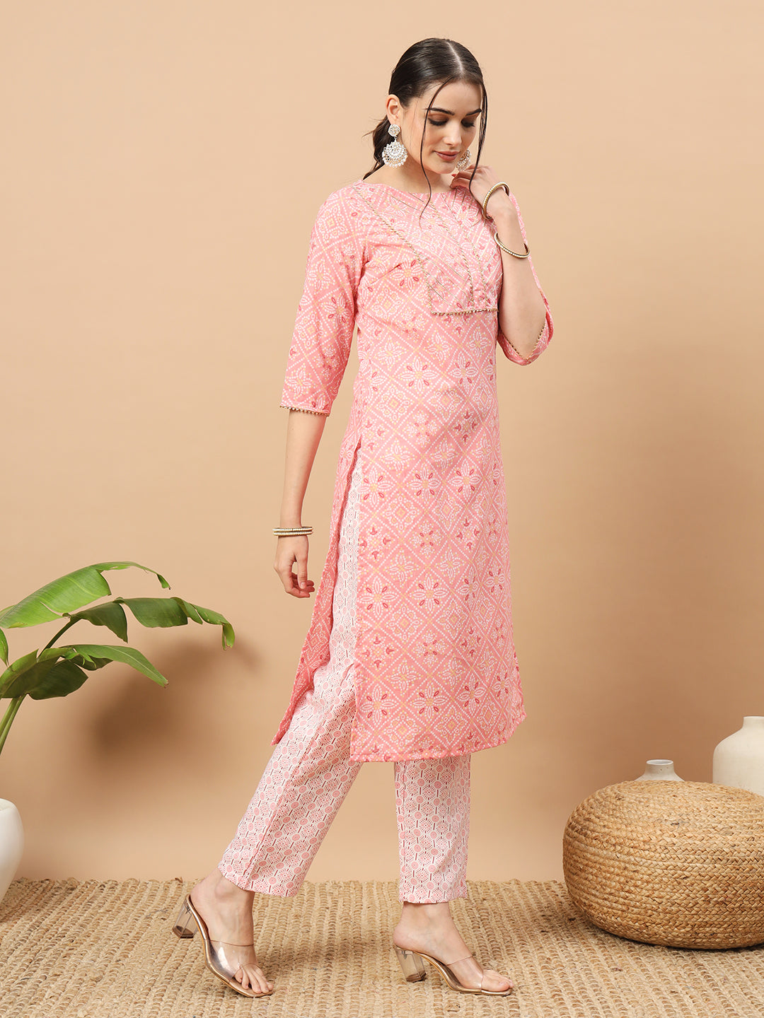 Women's Floral Print Rayon Kurti, 3/4 Sleeve, Yellow and pink