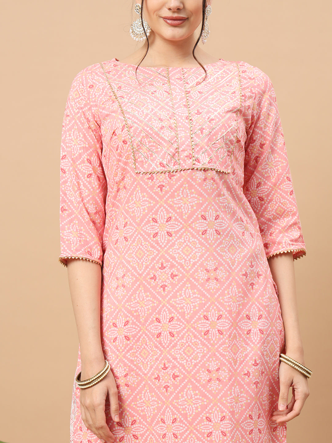 Women's Floral Print Rayon Kurti, 3/4 Sleeve, Yellow and pink