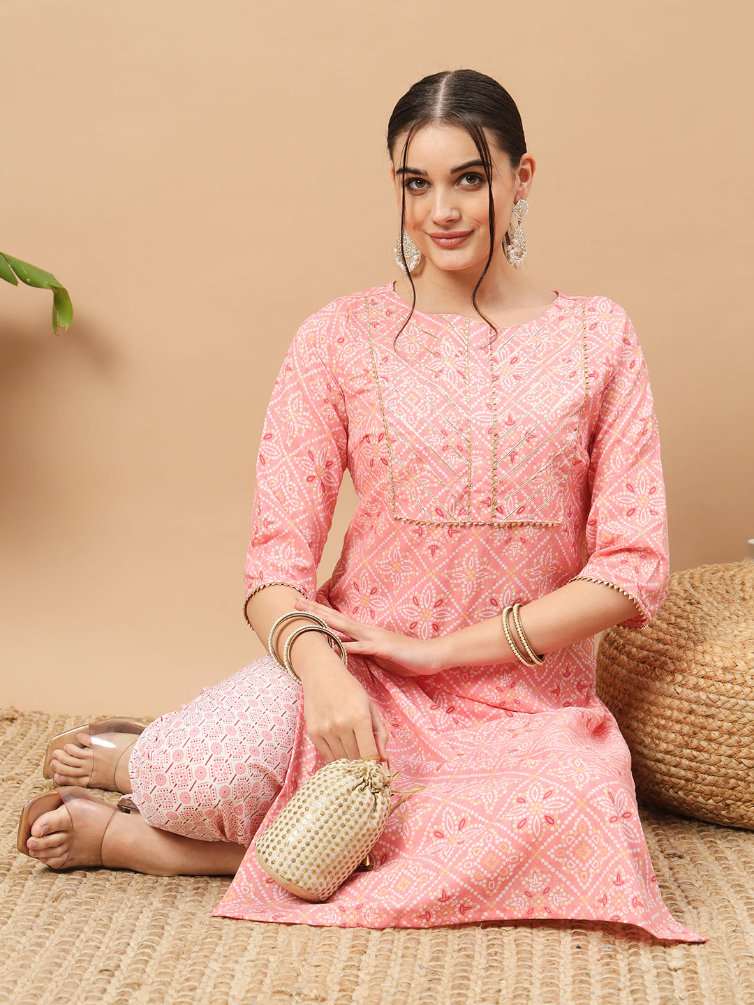 Women's Floral Print Rayon Kurti, 3/4 Sleeve, Yellow and pink