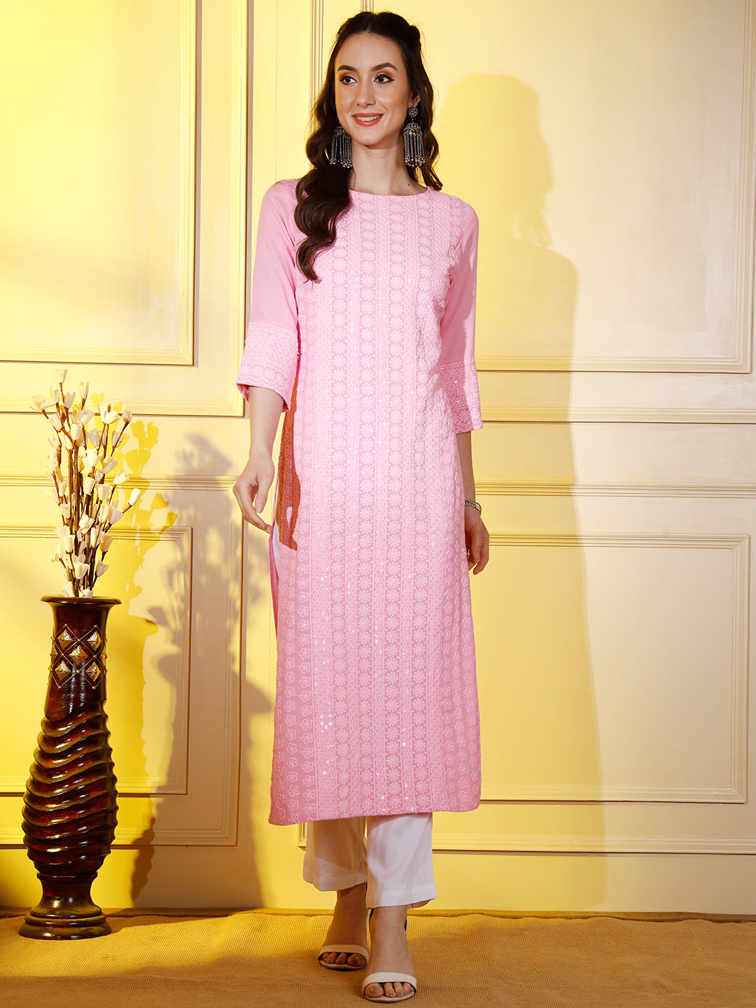 Women's pink Cotton Straight Kurti, 3/4 Sleeve, Casual Wear