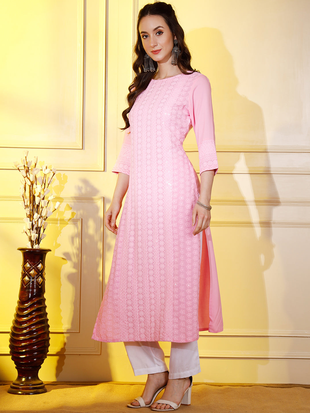 Women's pink Cotton Straight Kurti, 3/4 Sleeve, Casual Wear