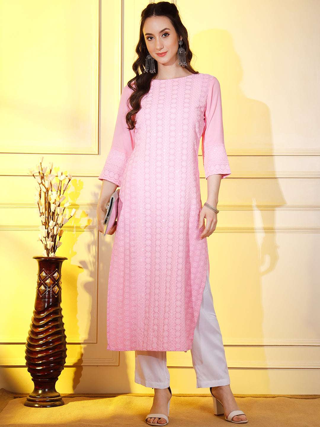 Women's pink Cotton Straight Kurti, 3/4 Sleeve, Casual Wear