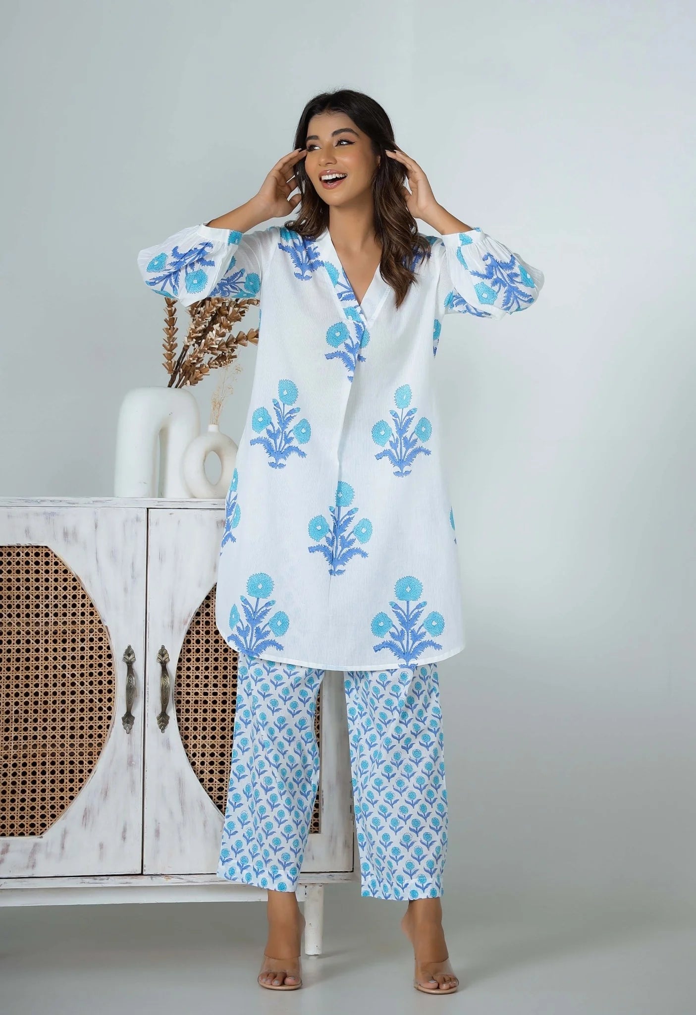 Women's Cotton Kurta Palazzo Set, White and Blue Floral Print, Casual Wear