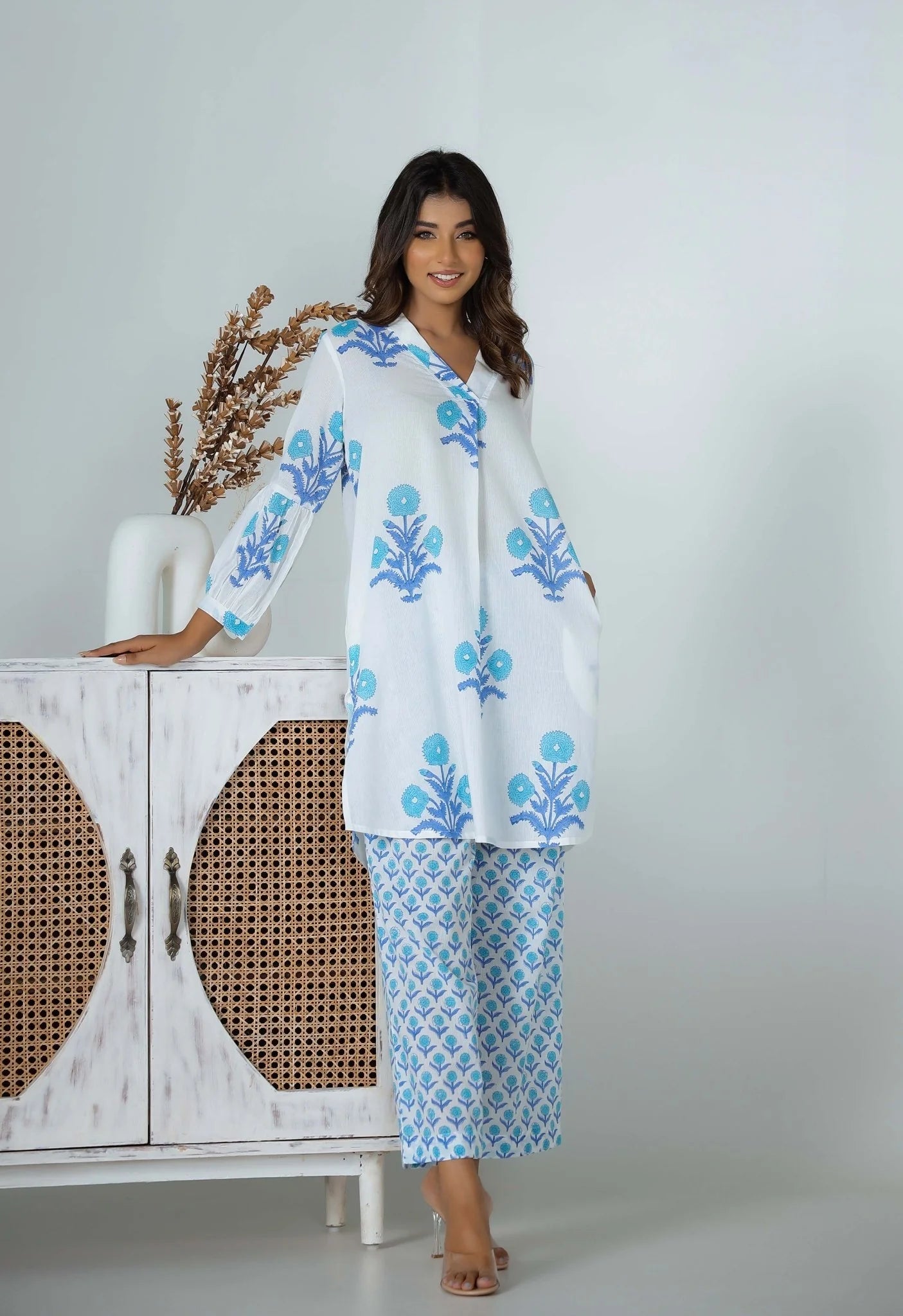 Women's Cotton Kurta Palazzo Set, White and Blue Floral Print, Casual Wear