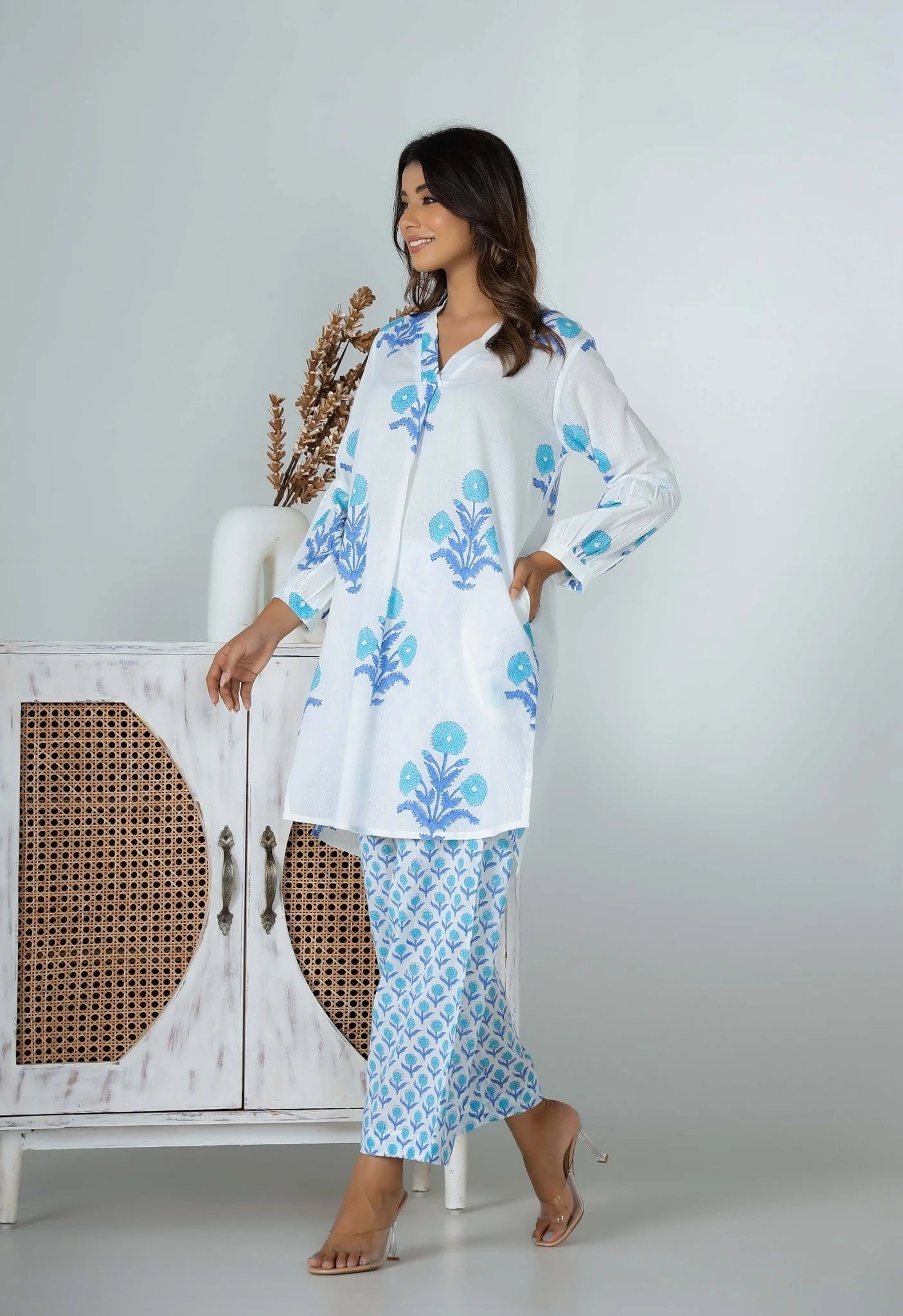 Women's Cotton Kurta Palazzo Set, White and Blue Floral Print, Casual Wear