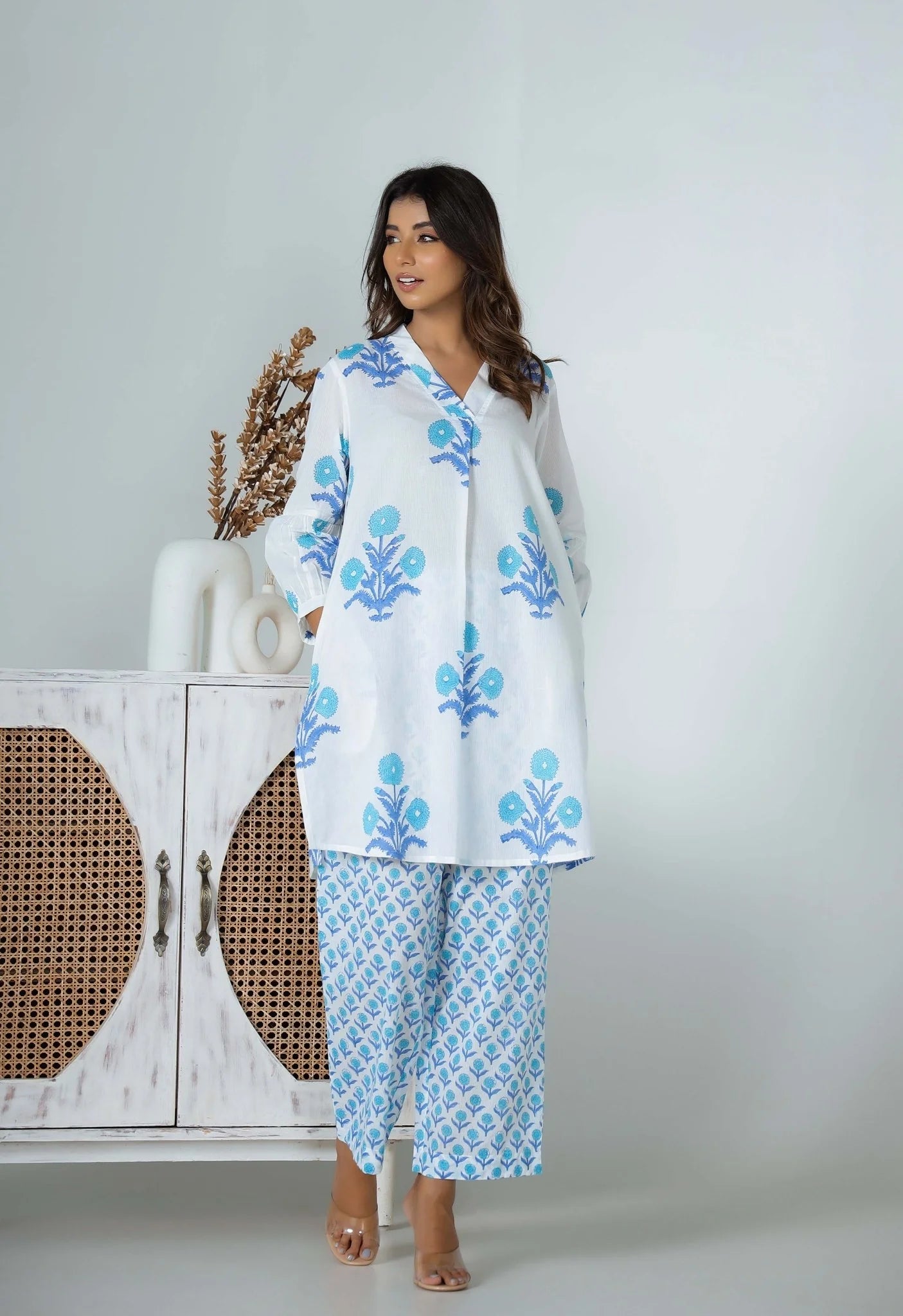 Women's Cotton Kurta Palazzo Set, White and Blue Floral Print, Casual Wear