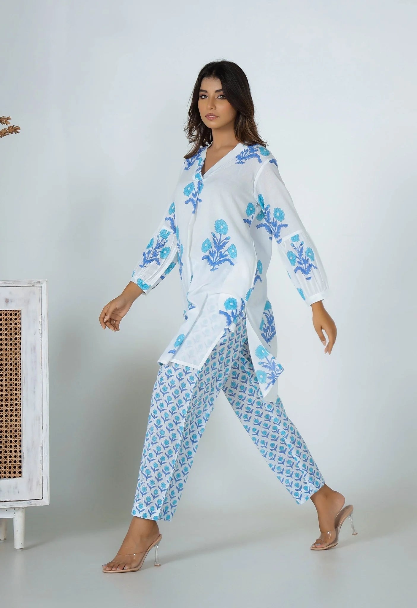 Women's Cotton Kurta Palazzo Set, White and Blue Floral Print, Casual Wear