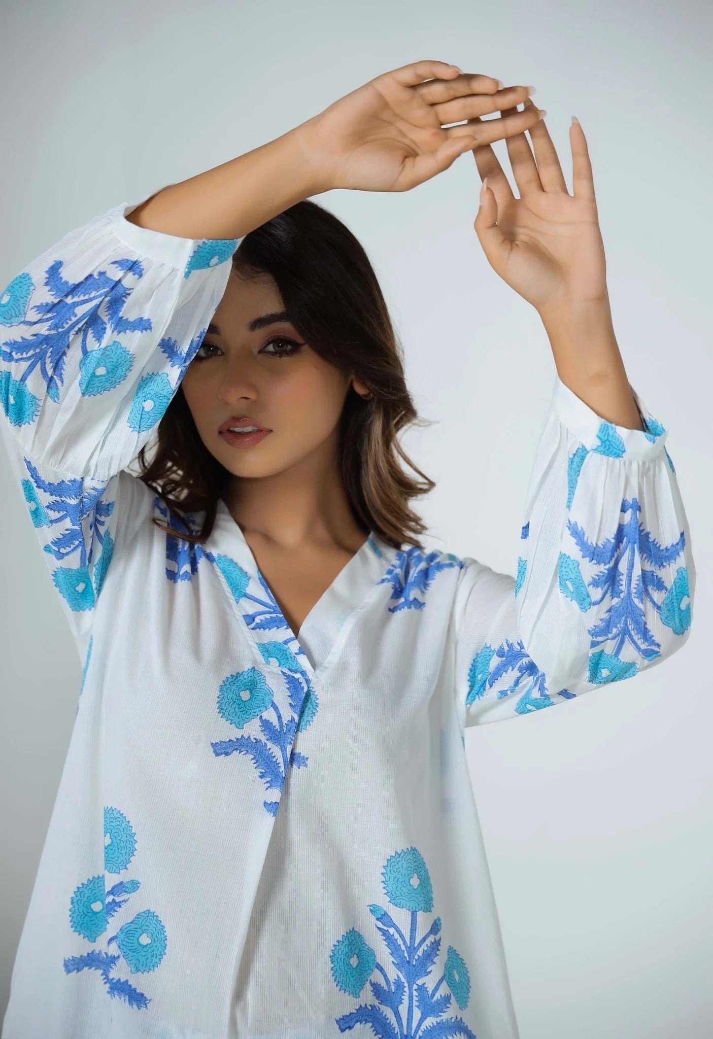 Women's Cotton Kurta Palazzo Set, White and Blue Floral Print, Casual Wear