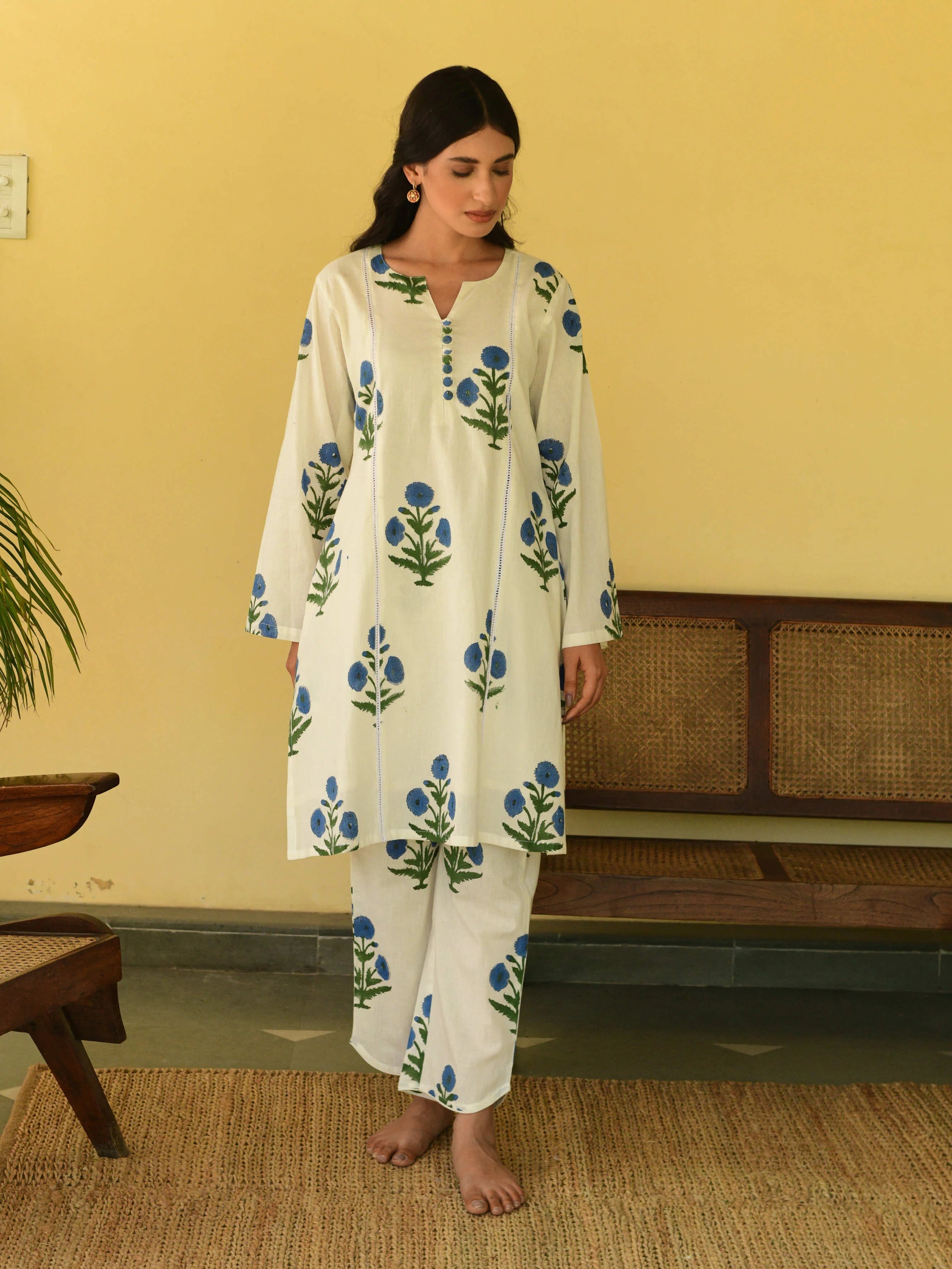 Women's Floral Cotton Co-ord Set, Long Sleeve Kurta with Pyjama, Off White