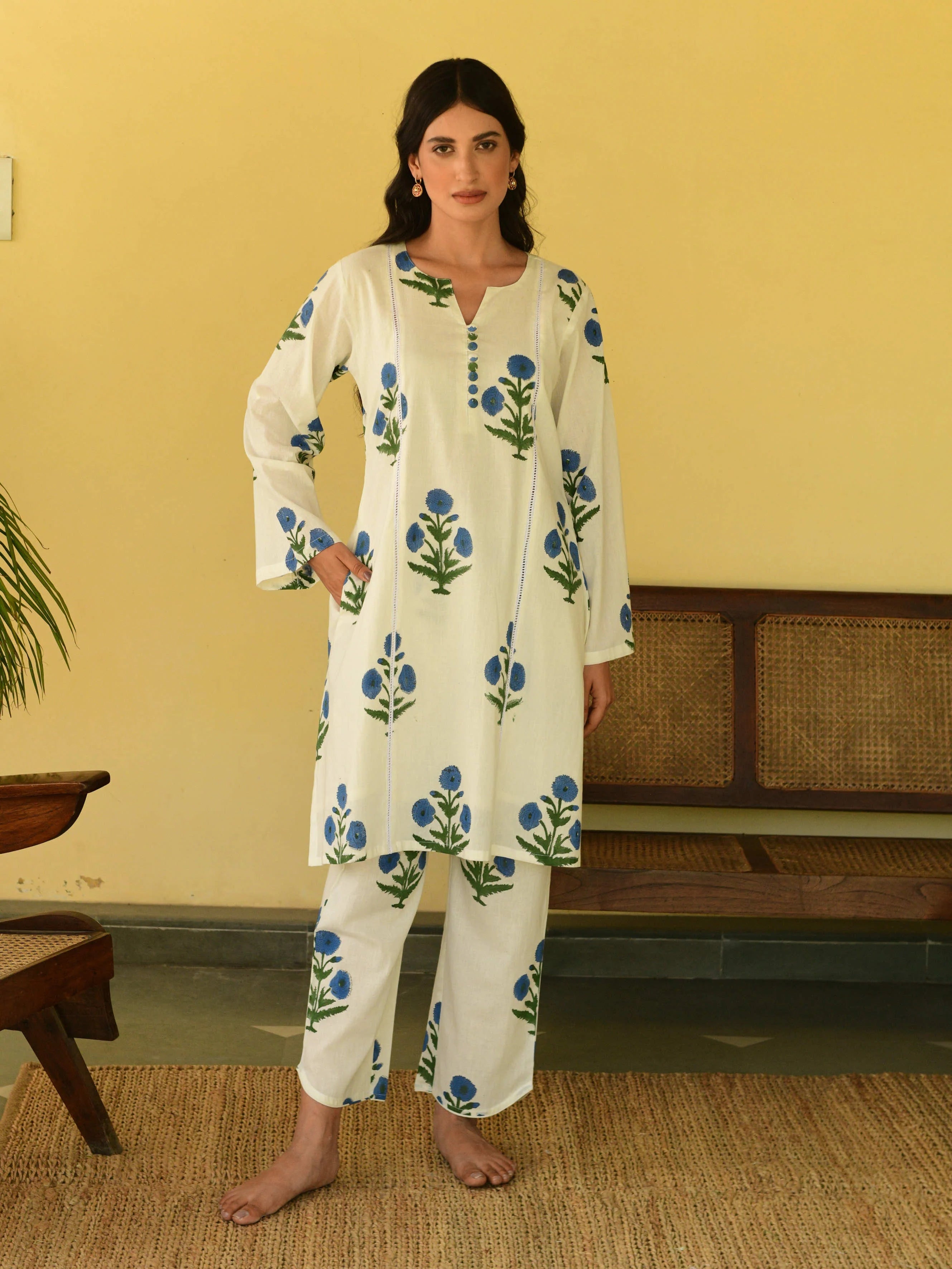 Women's Floral Cotton Co-ord Set, Long Sleeve Kurta with Pyjama, Off White