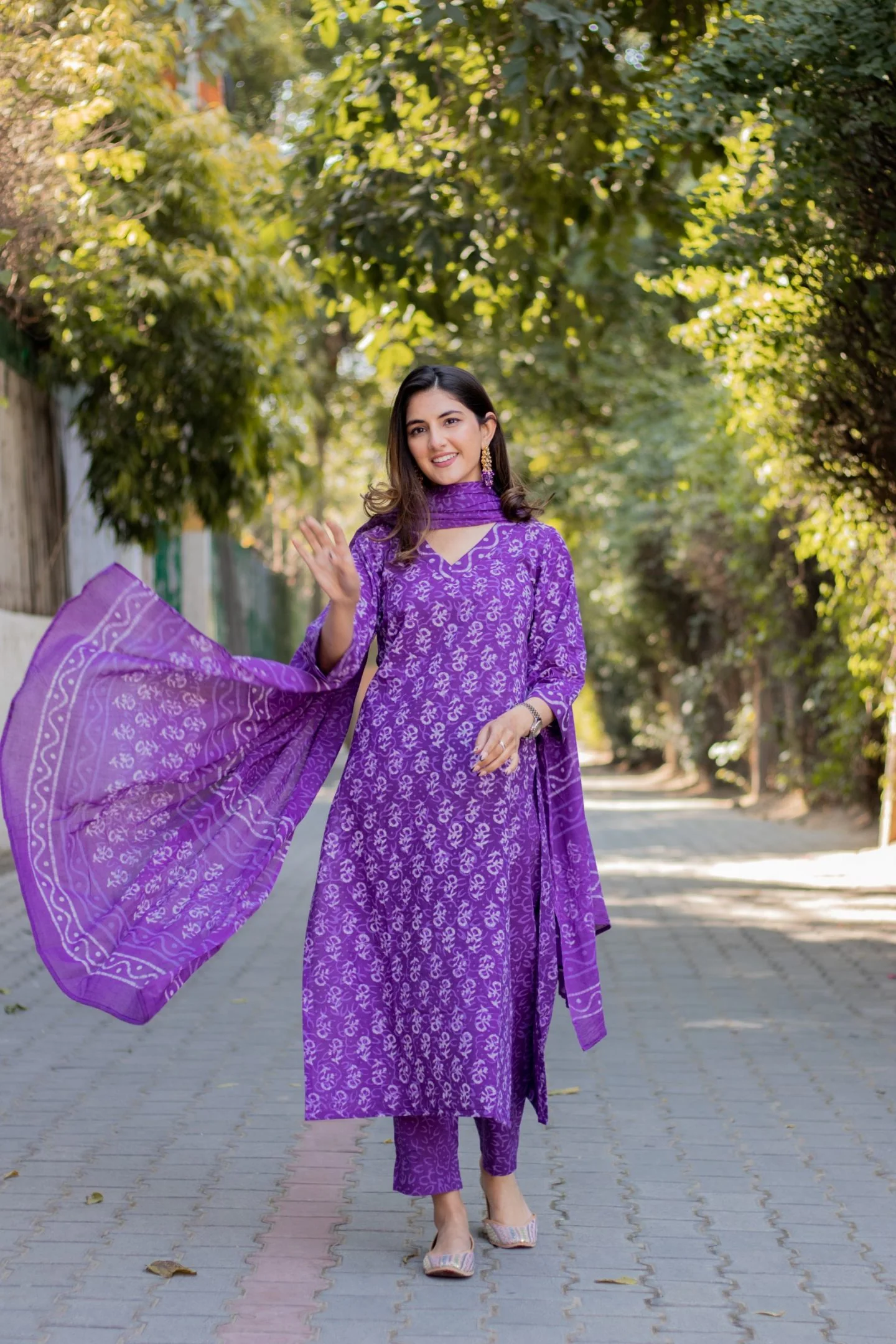 Women's Cotton Anarkali Kurti Set with Dupatta and Pants, Traditional Block Print, Purple