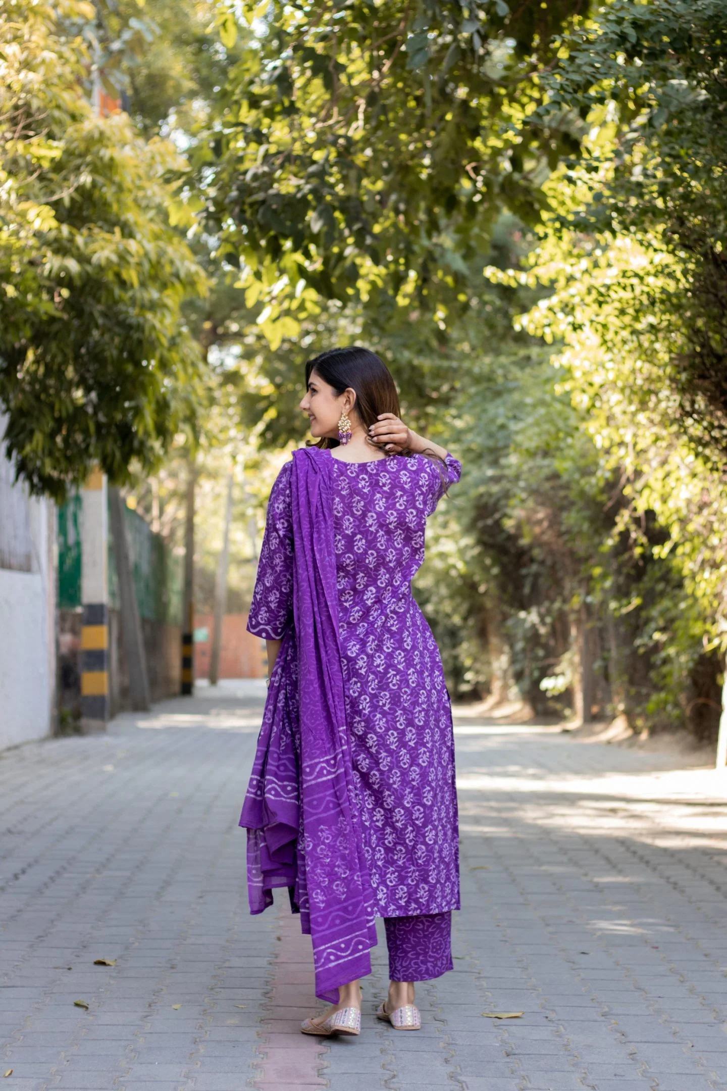 Women's Cotton Anarkali Kurti Set with Dupatta and Pants, Traditional Block Print, Purple