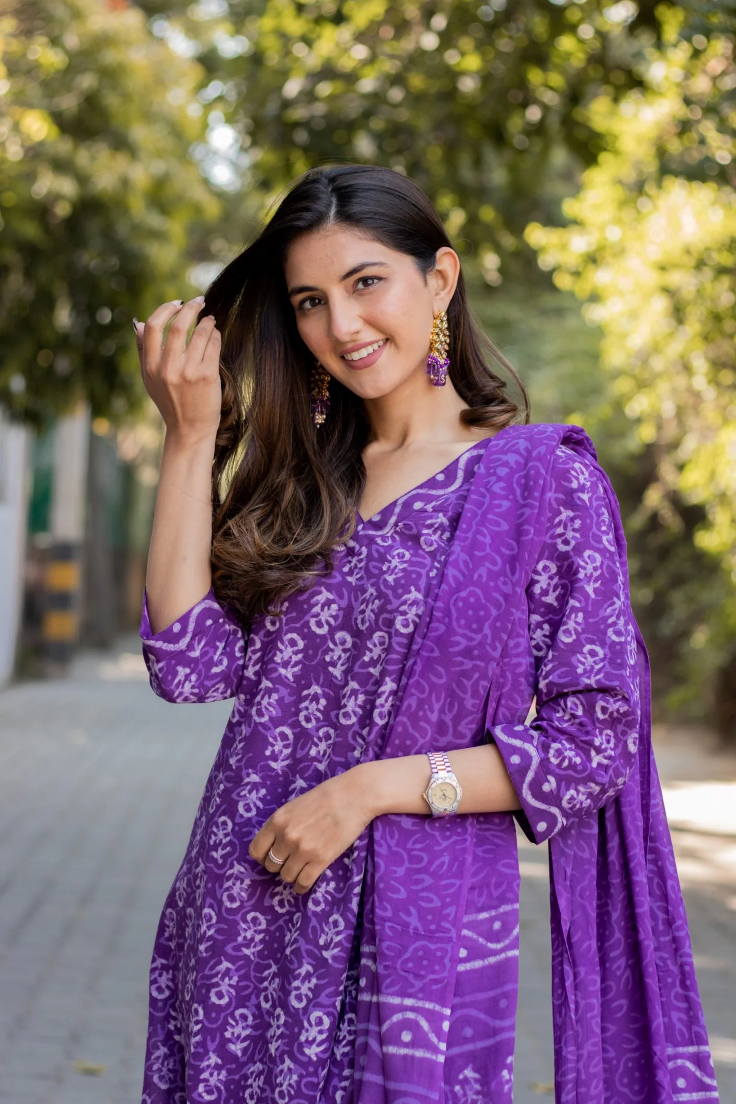 Women's Cotton Anarkali Kurti Set with Dupatta and Pants, Traditional Block Print, Purple