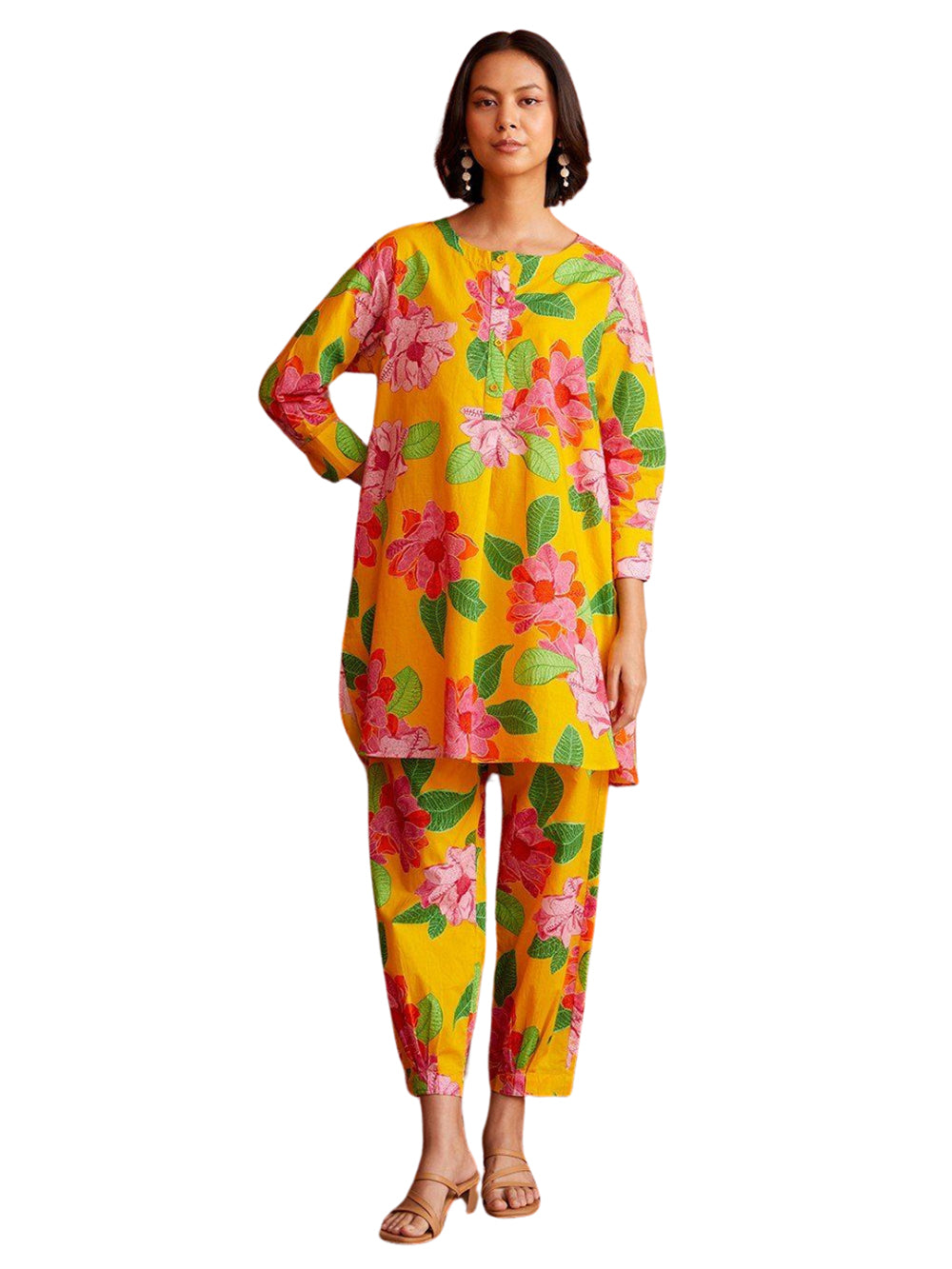 Floral Print Co-ord Set, Long Sleeve Tunic with Ankle Length Pants, Yellow with Pink Flowers