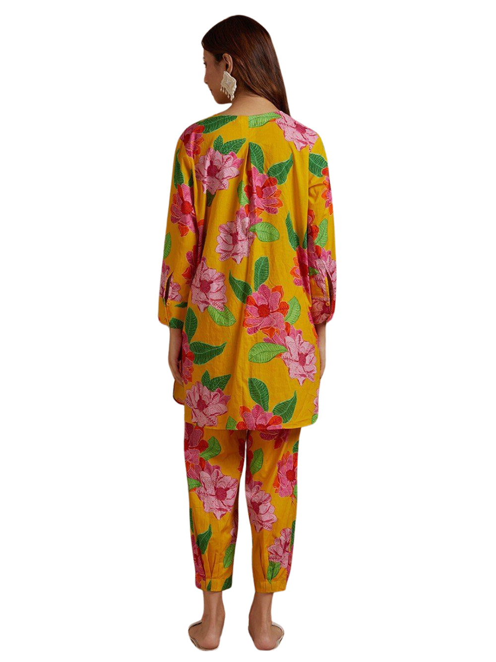 Floral Print Co-ord Set, Long Sleeve Tunic with Ankle Length Pants, Yellow with Pink Flowers