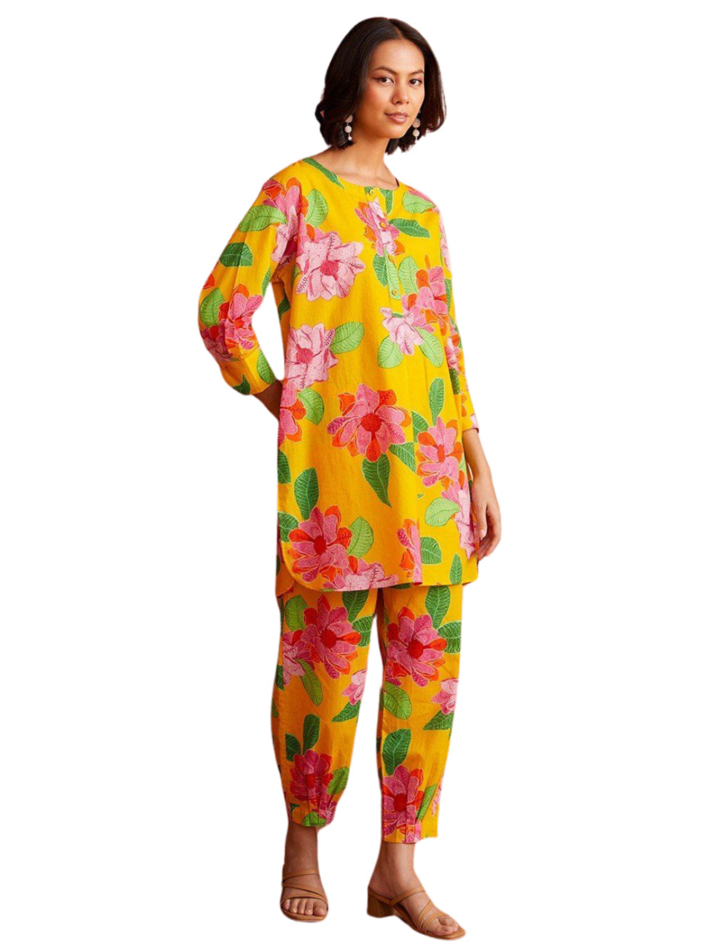 Floral Print Co-ord Set, Long Sleeve Tunic with Ankle Length Pants, Yellow with Pink Flowers
