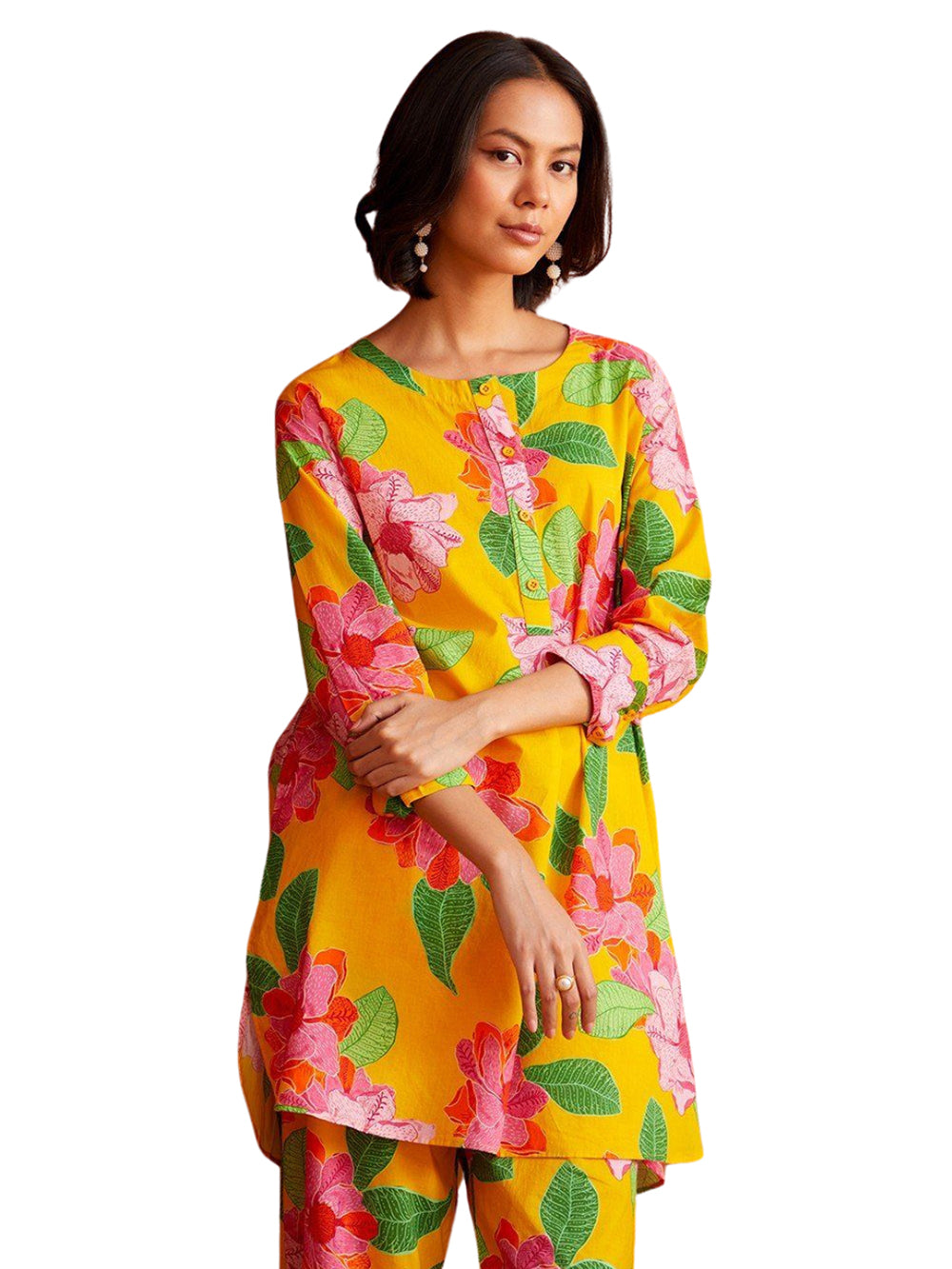 Floral Print Co-ord Set, Long Sleeve Tunic with Ankle Length Pants, Yellow with Pink Flowers