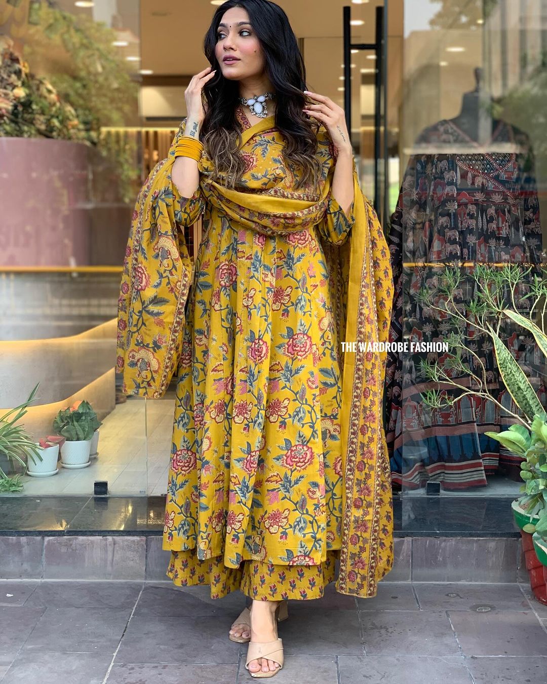 Traditional Floral Print Anarkali Suit Set, Yellow Poly Rayon, 3 Piece with Dupatta and Pants