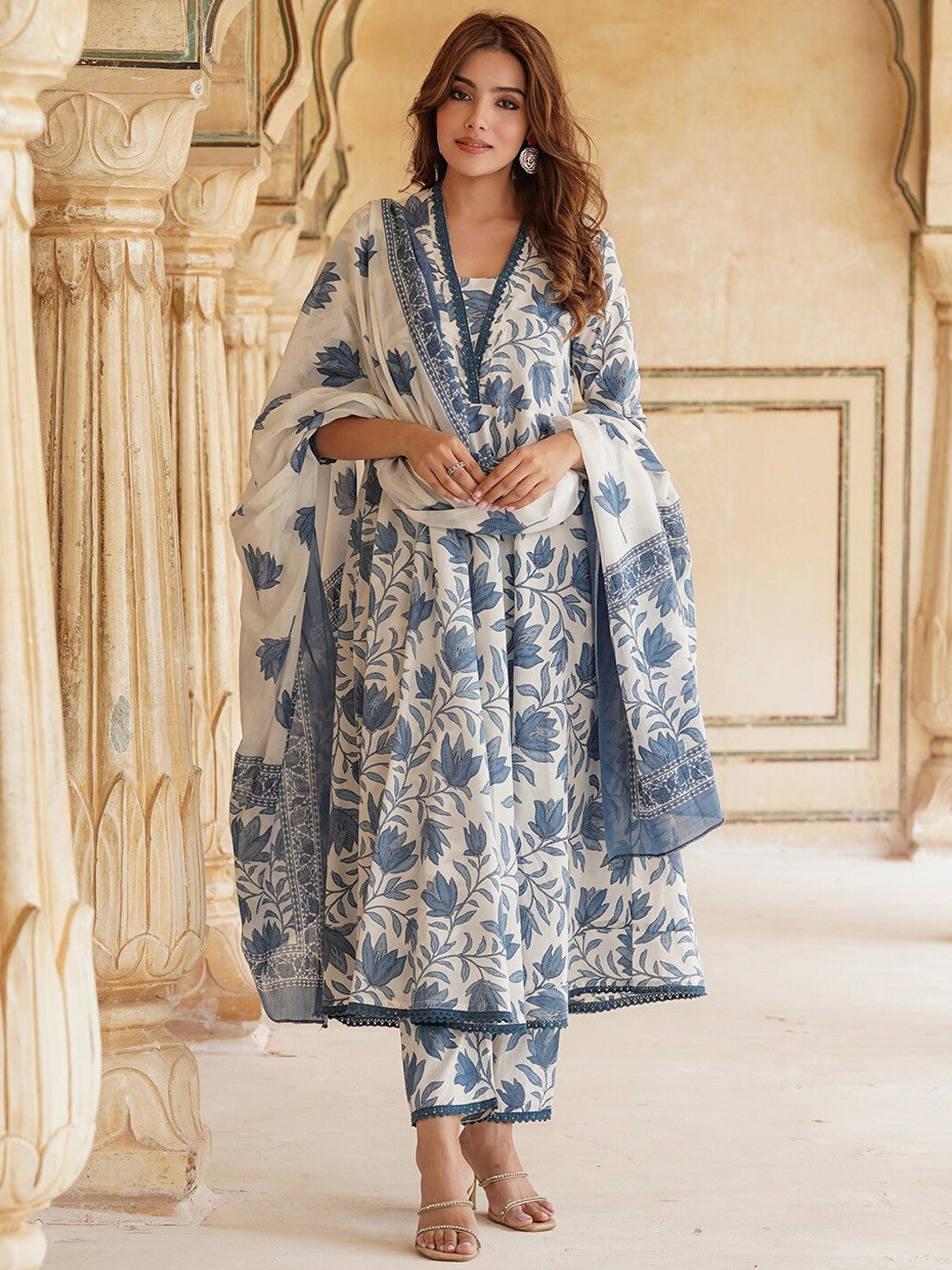 Women's Floral Print Cotton Kurta Set with Dupatta, Blue and White, 3 Piece Traditional Indian Dress
