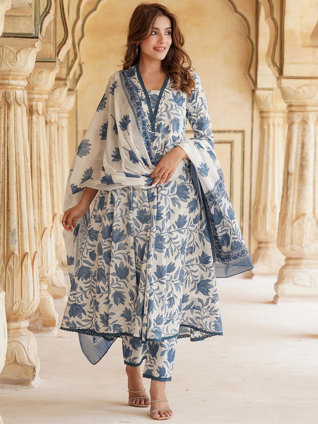 Women's Floral Print Cotton Kurta Set with Dupatta, Blue and White, 3 Piece Traditional Indian Dress