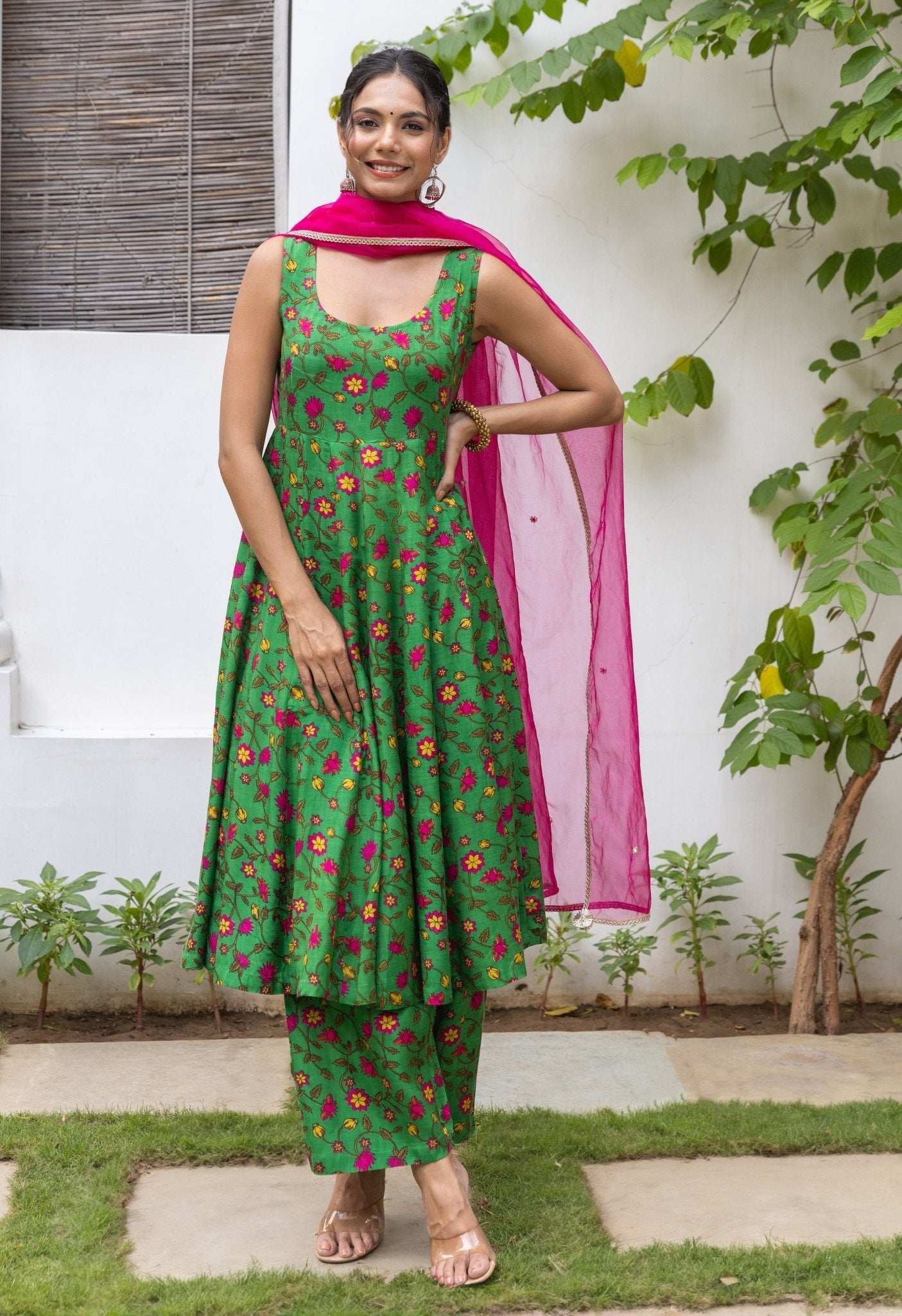 Floral Print Cotton Kurta and Palazzo Set, Green, Sleeveless