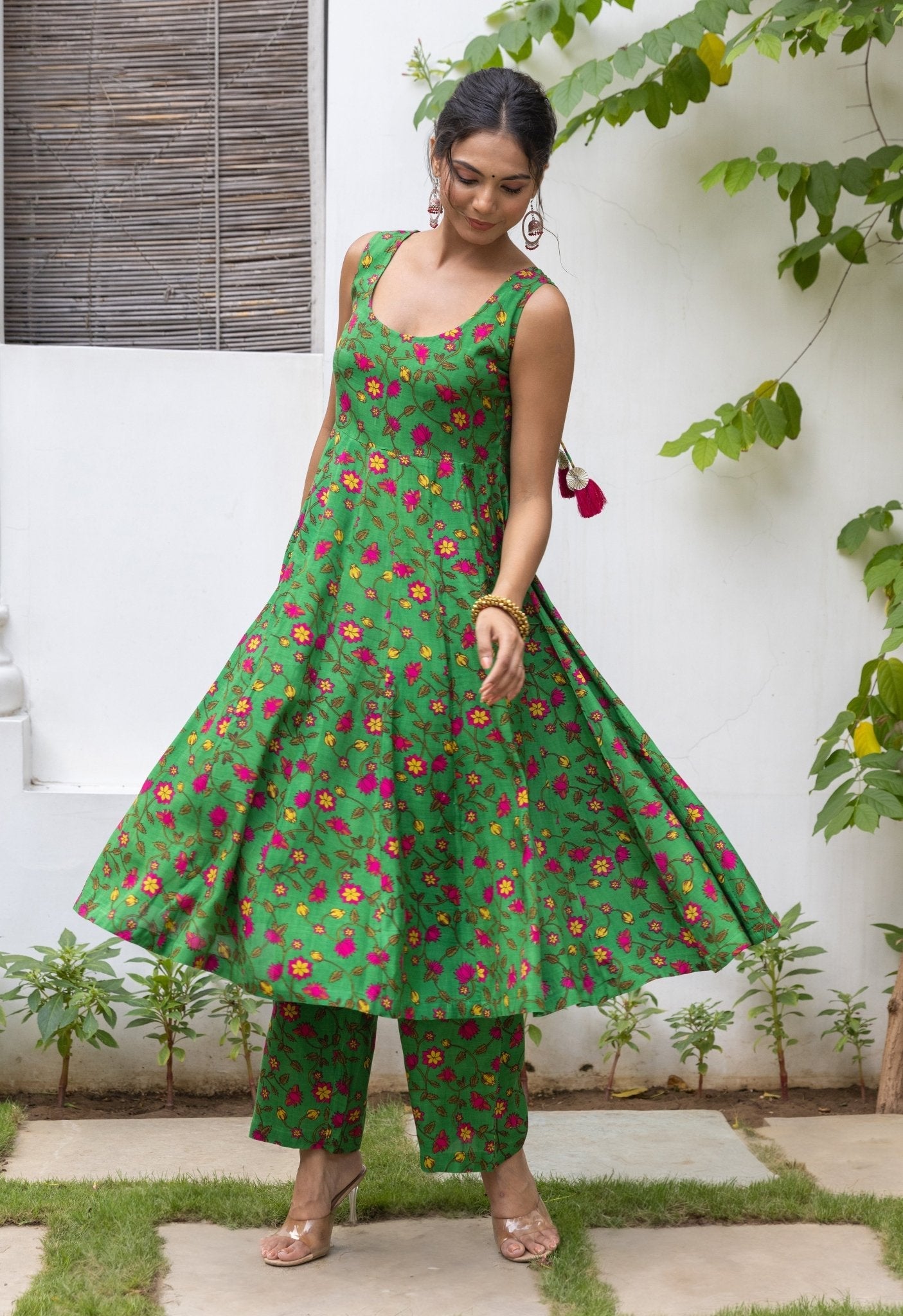 Floral Print Cotton Kurta and Palazzo Set, Green, Sleeveless