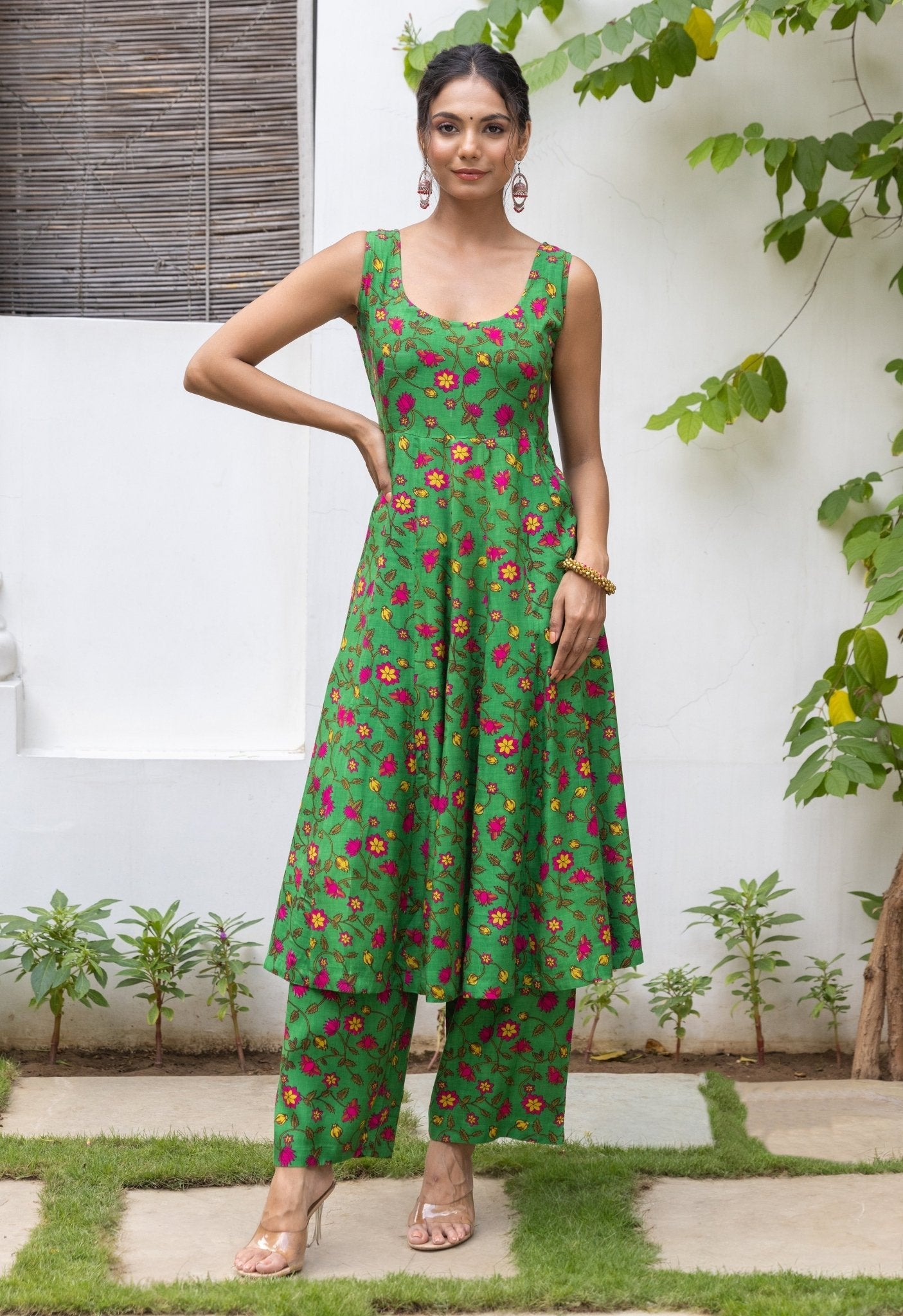 Floral Print Cotton Kurta and Palazzo Set, Green, Sleeveless