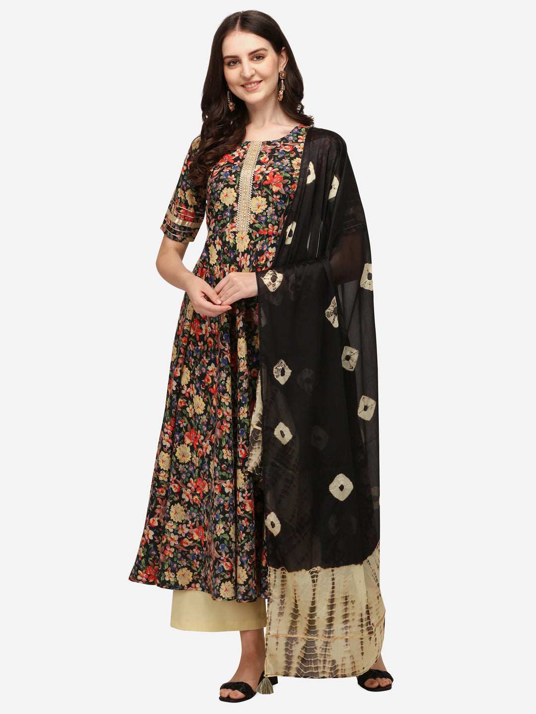Floral Print Anarkali Kurti Set with Palazzo and Black Tie-Dye Dupatta, Gold Embellished