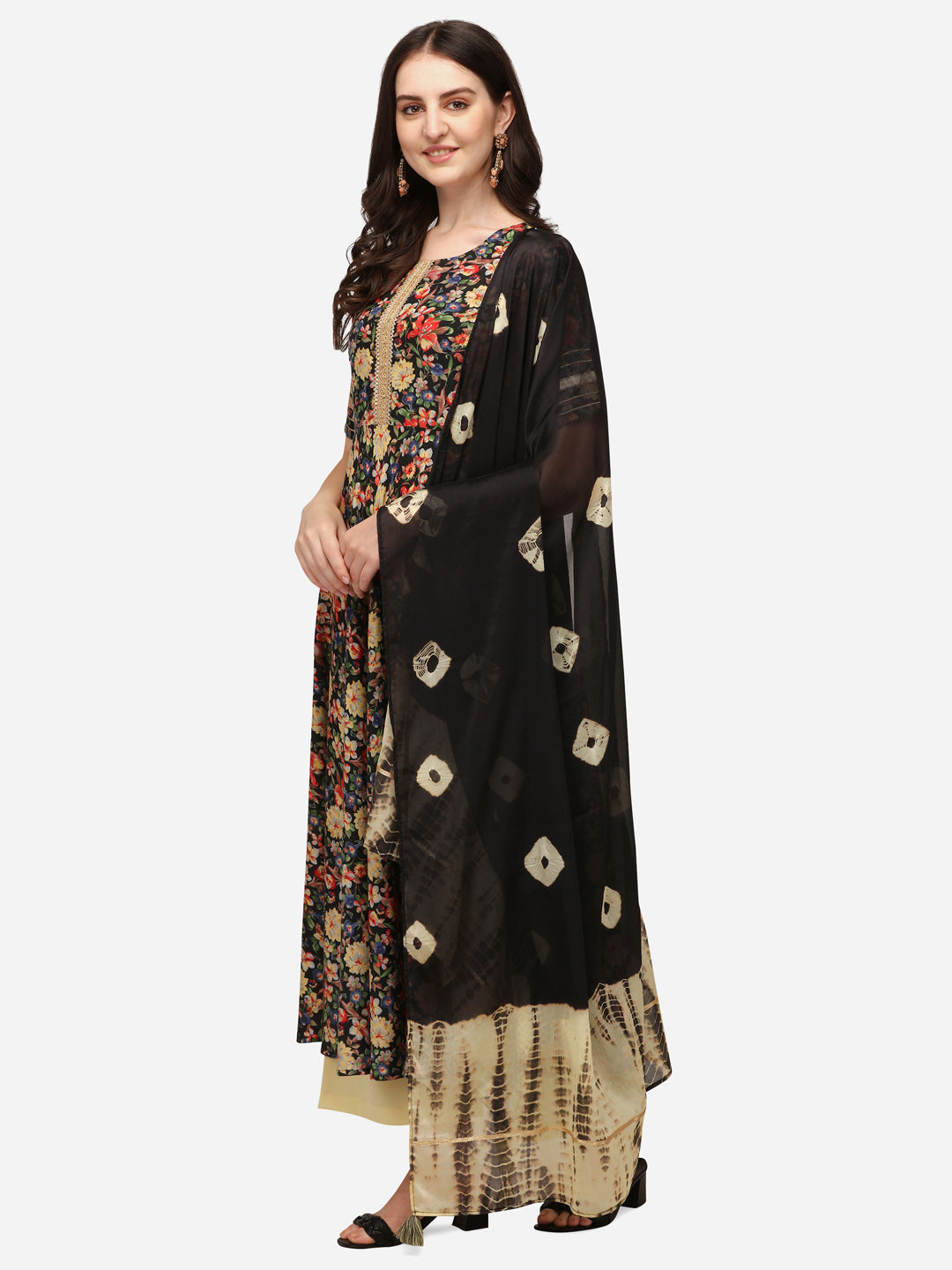 Floral Print Anarkali Kurti Set with Palazzo and Black Tie-Dye Dupatta, Gold Embellished