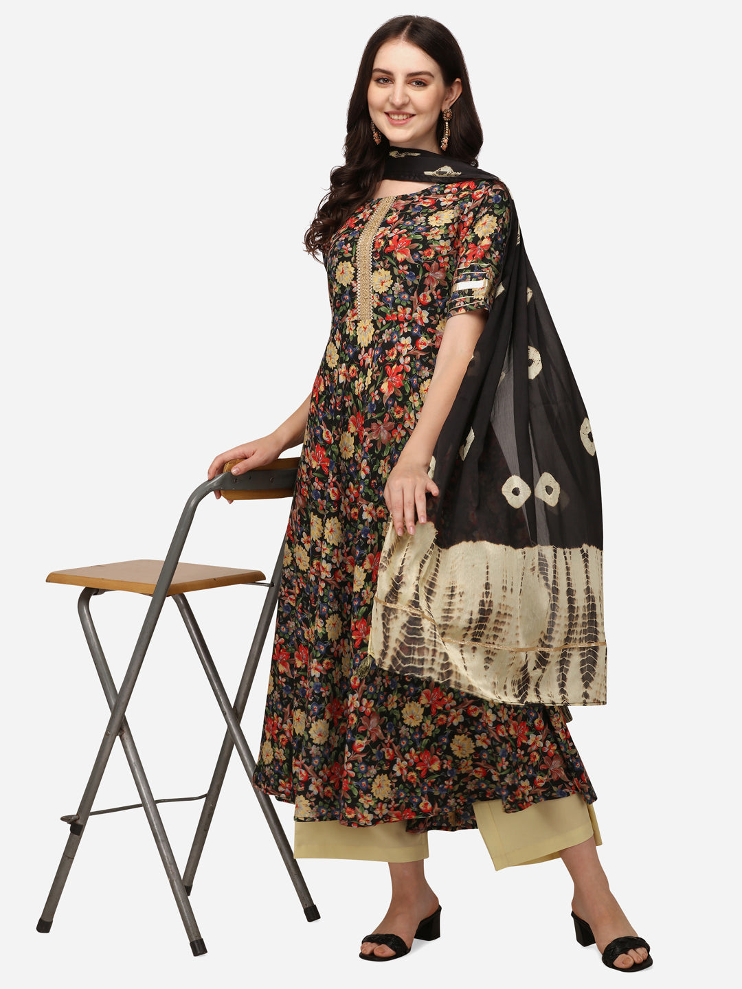 Floral Print Anarkali Kurti Set with Palazzo and Black Tie-Dye Dupatta, Gold Embellished