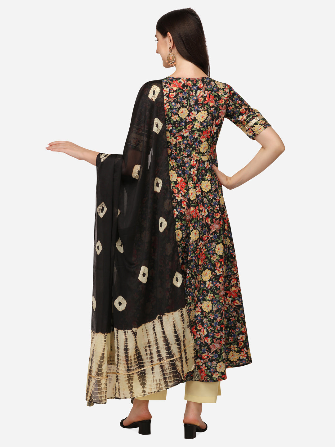 Floral Print Anarkali Kurti Set with Palazzo and Black Tie-Dye Dupatta, Gold Embellished