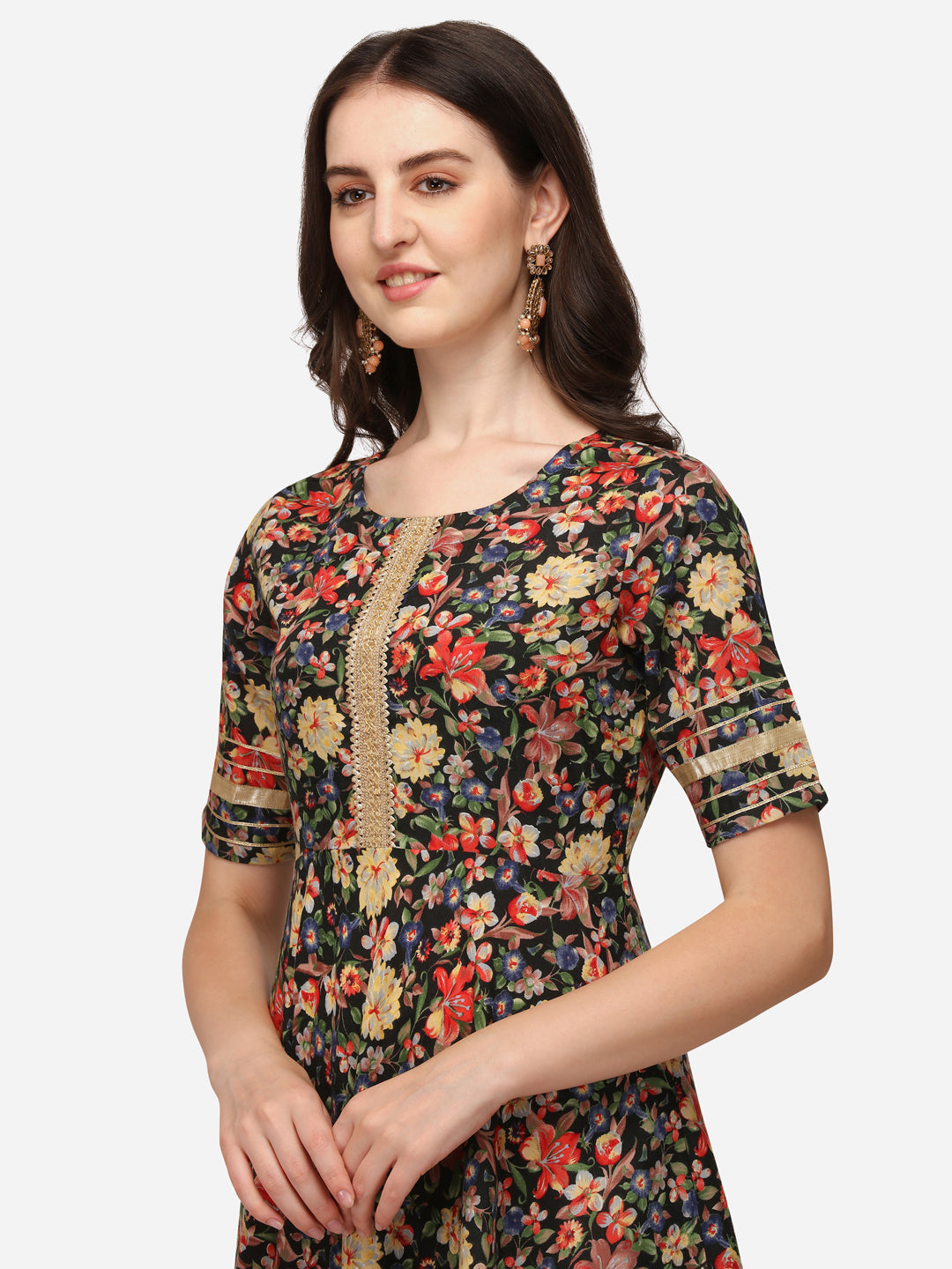 Floral Print Anarkali Kurti Set with Palazzo and Black Tie-Dye Dupatta, Gold Embellished