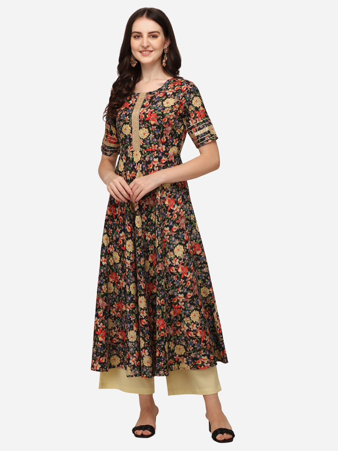 Floral Print Anarkali Kurti Set with Palazzo and Black Tie-Dye Dupatta, Gold Embellished