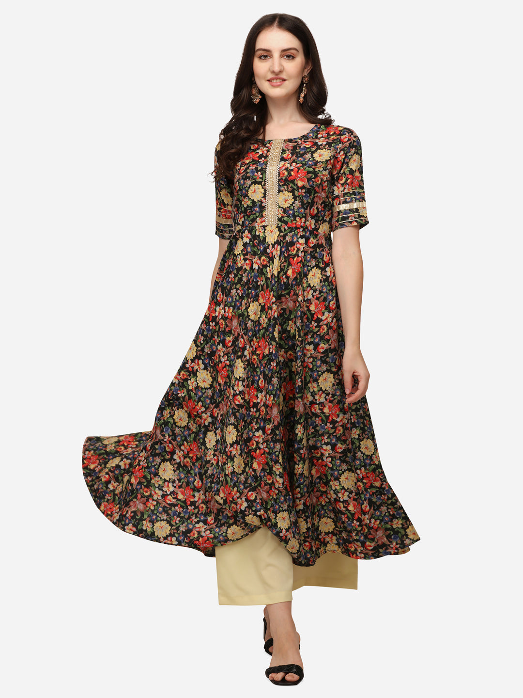 Floral Print Anarkali Kurti Set with Palazzo and Black Tie-Dye Dupatta, Gold Embellished