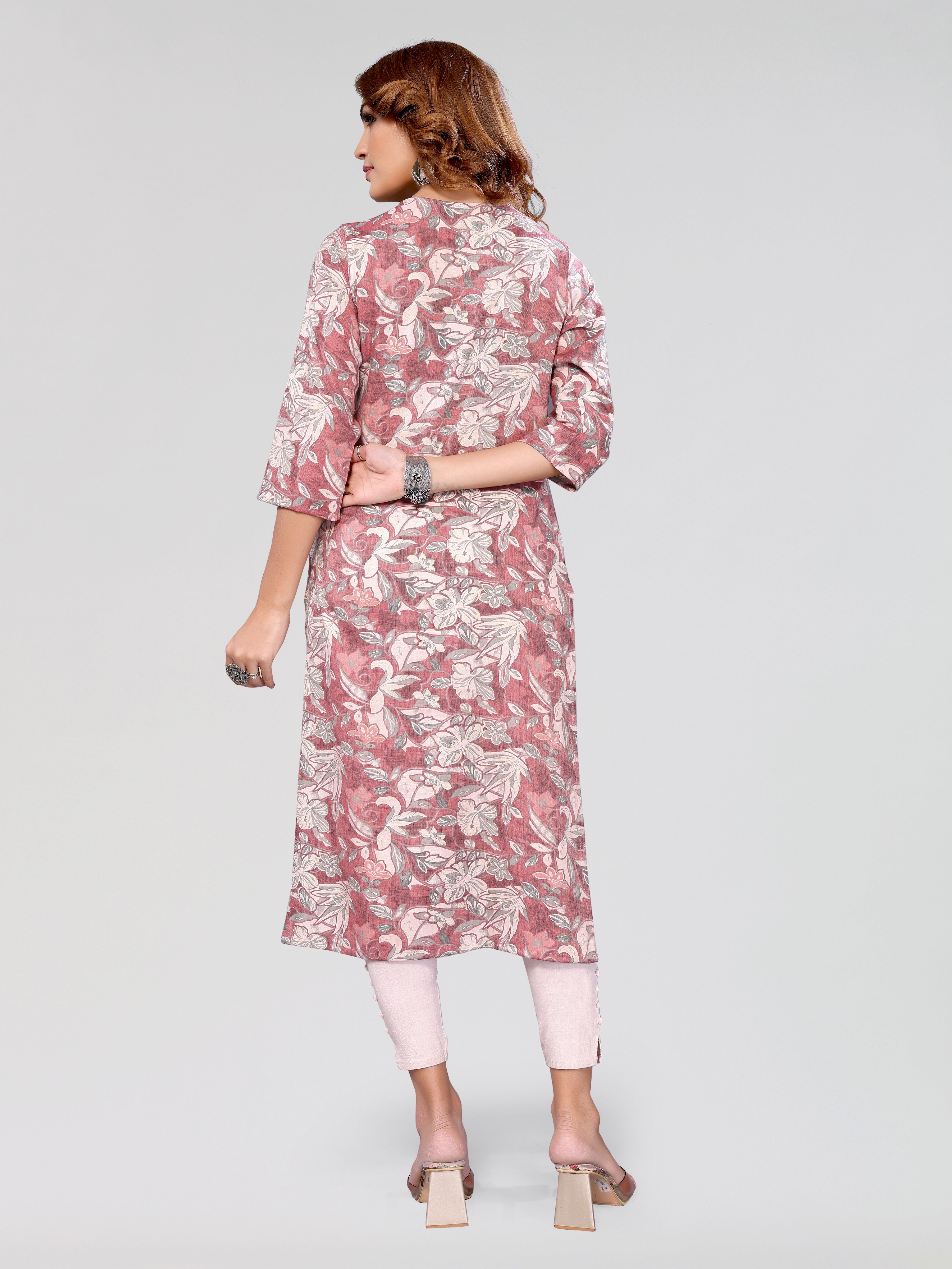 Floral Print Straight Kurti with 3/4 Sleeves, Pink and White, V-Neck