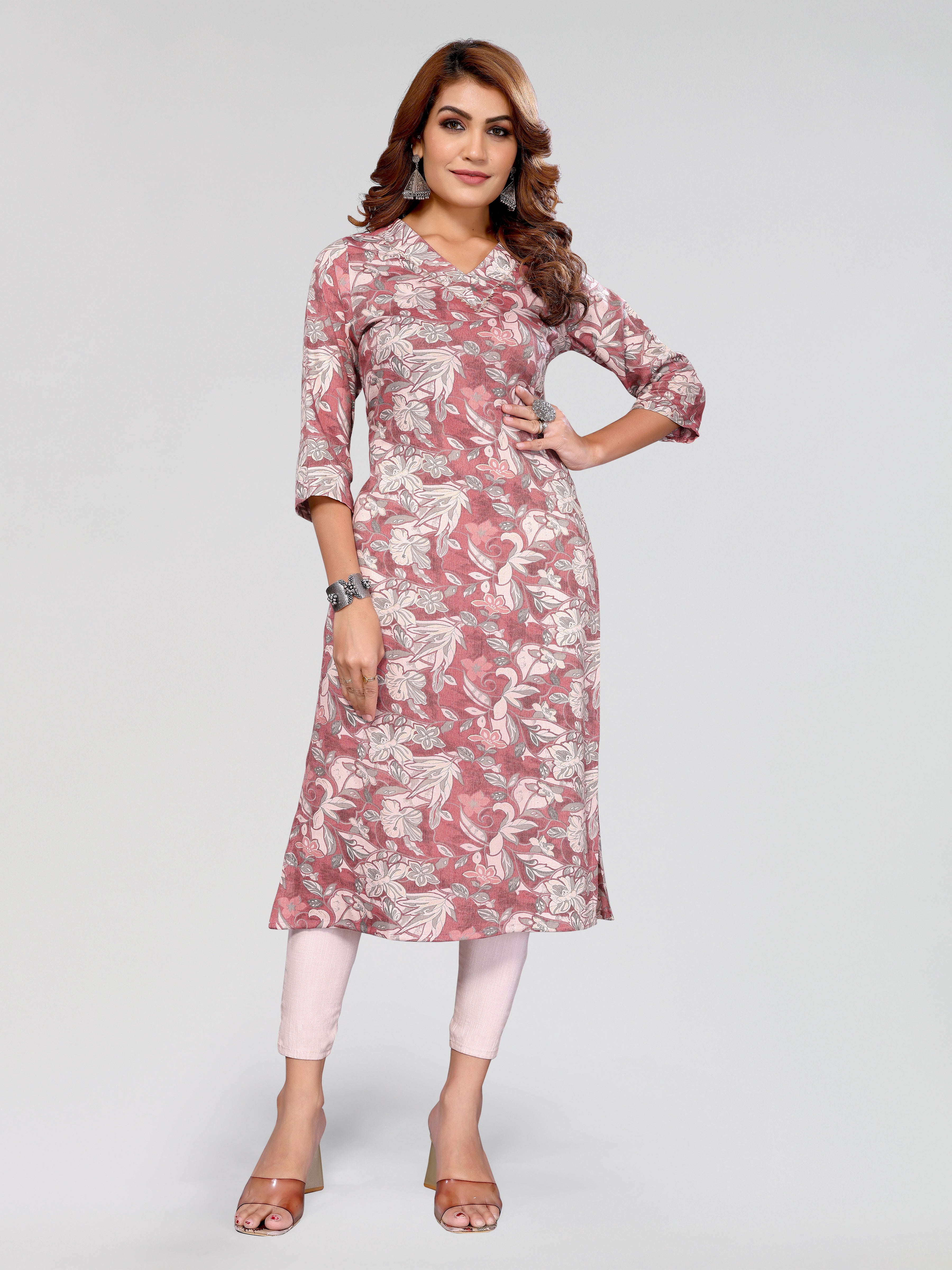 Floral Print Straight Kurti with 3/4 Sleeves, Pink and White, V-Neck