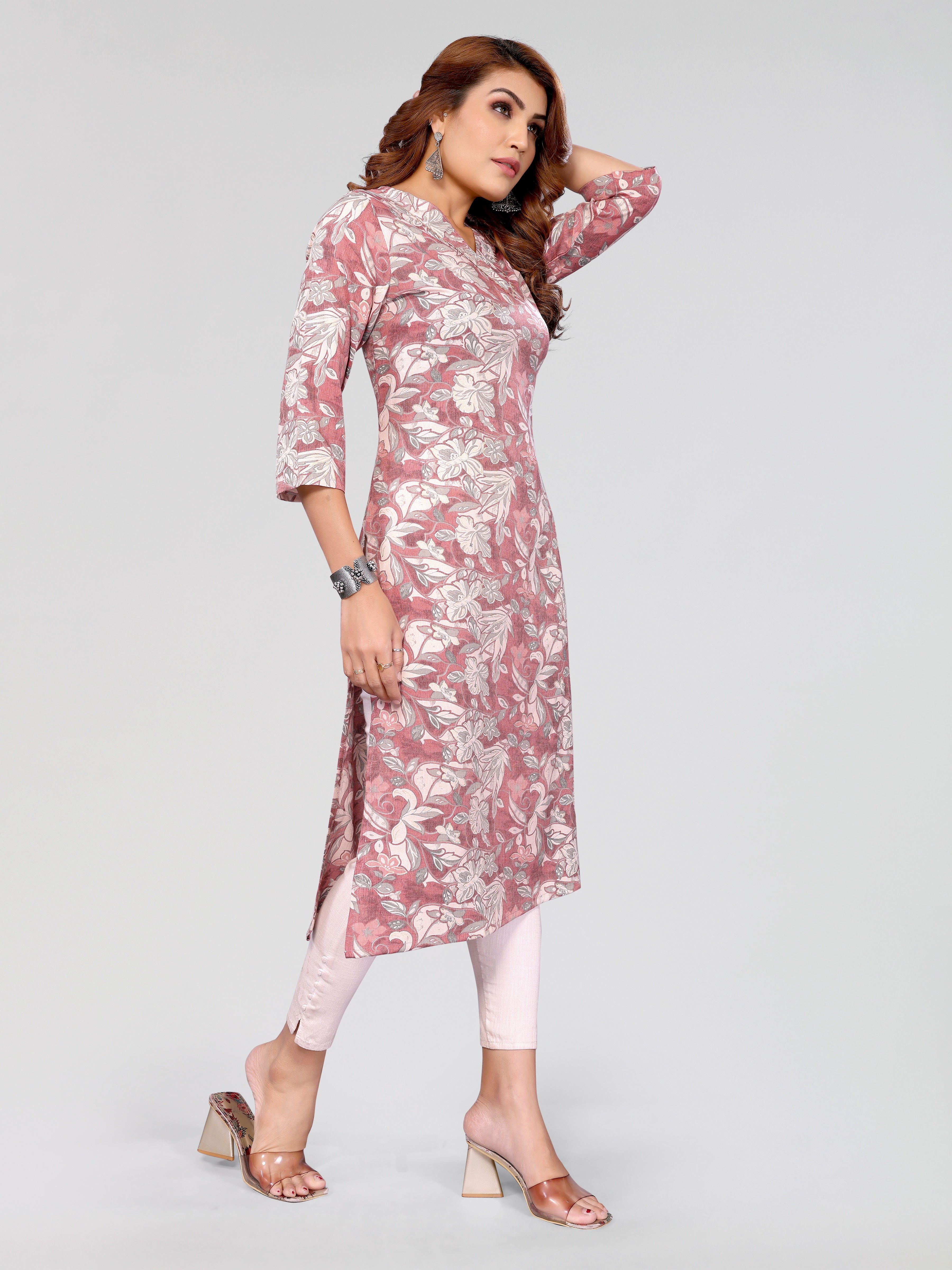 Floral Print Straight Kurti with 3/4 Sleeves, Pink and White, V-Neck
