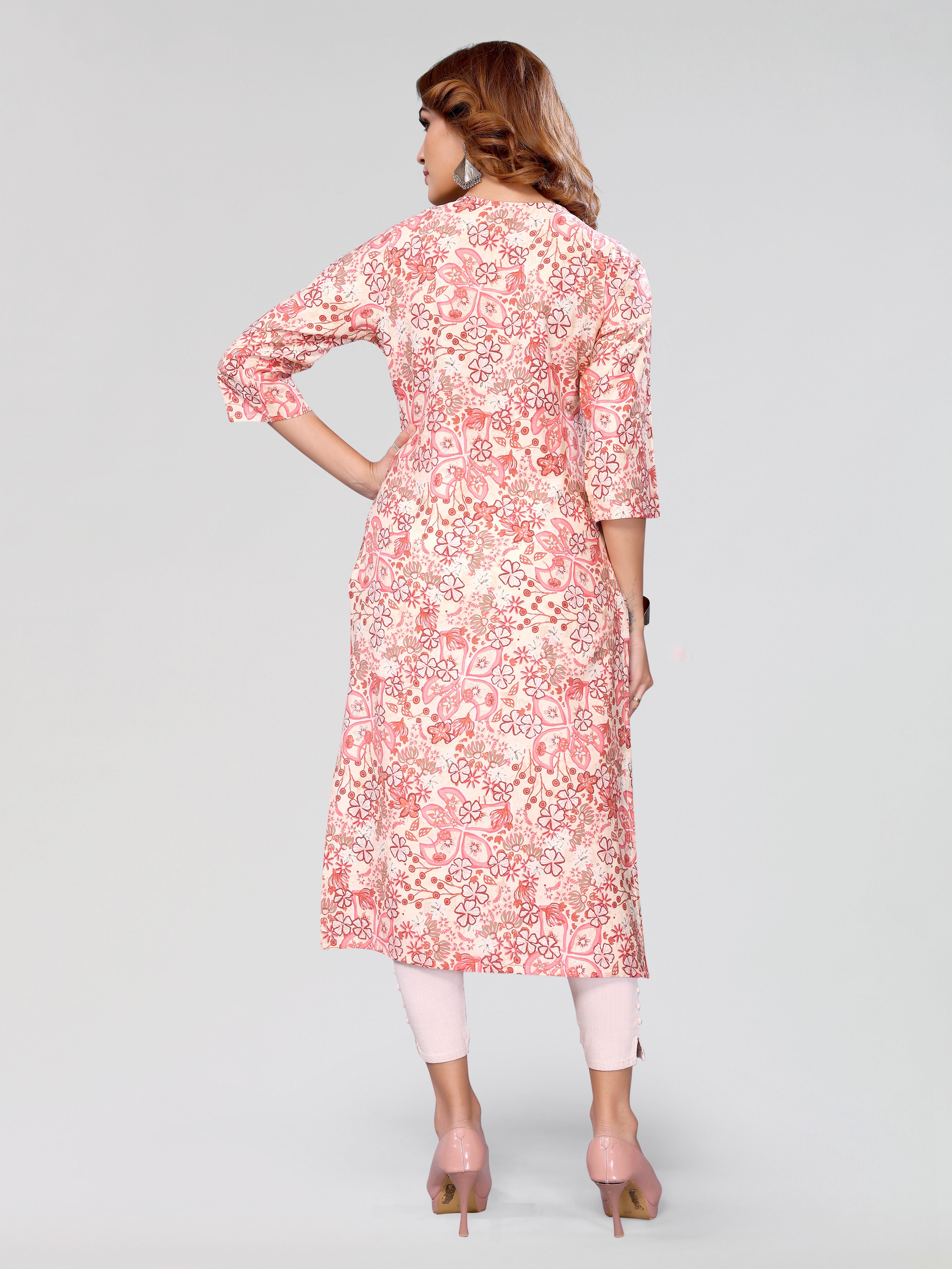 Floral Print Cotton Kurti with 3/4 Sleeves, V-Neck, Pink and White, Casual Wear