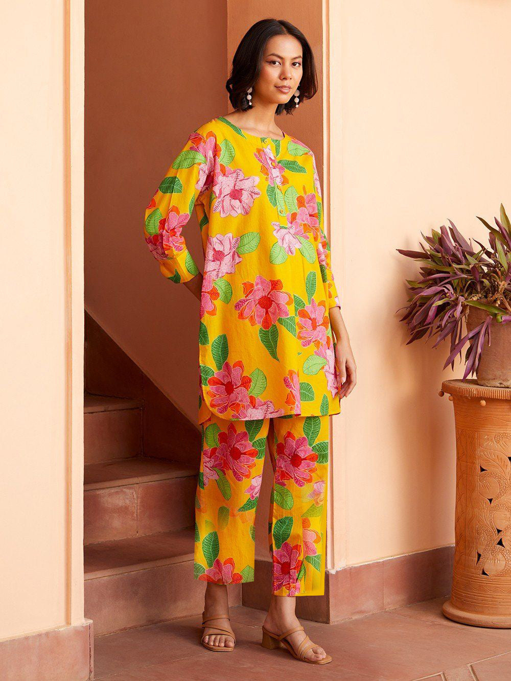 Floral Print Co-ord Set, Long Sleeve Tunic with Ankle Length Pants, Yellow with Pink Flowers