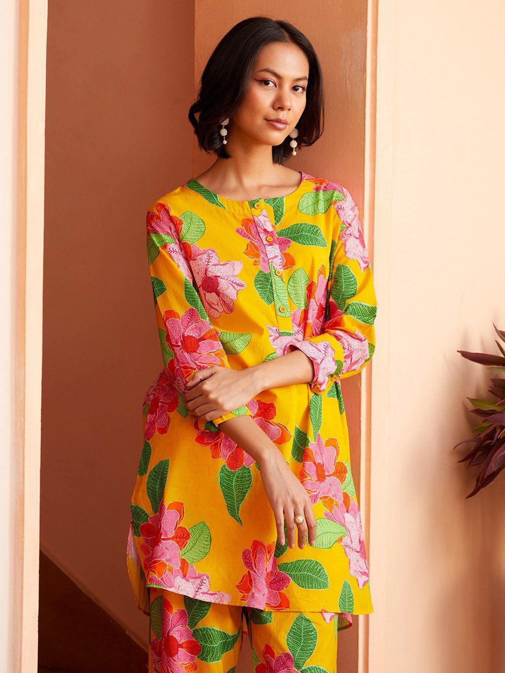 Floral Print Co-ord Set, Long Sleeve Tunic with Ankle Length Pants, Yellow with Pink Flowers